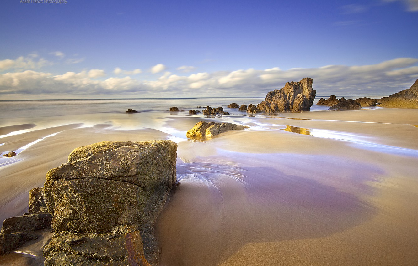 Wallpaper sand, sea, beach, the sky, clouds, rocks, spring, April, Spain, Asturias image for desktop, section природа