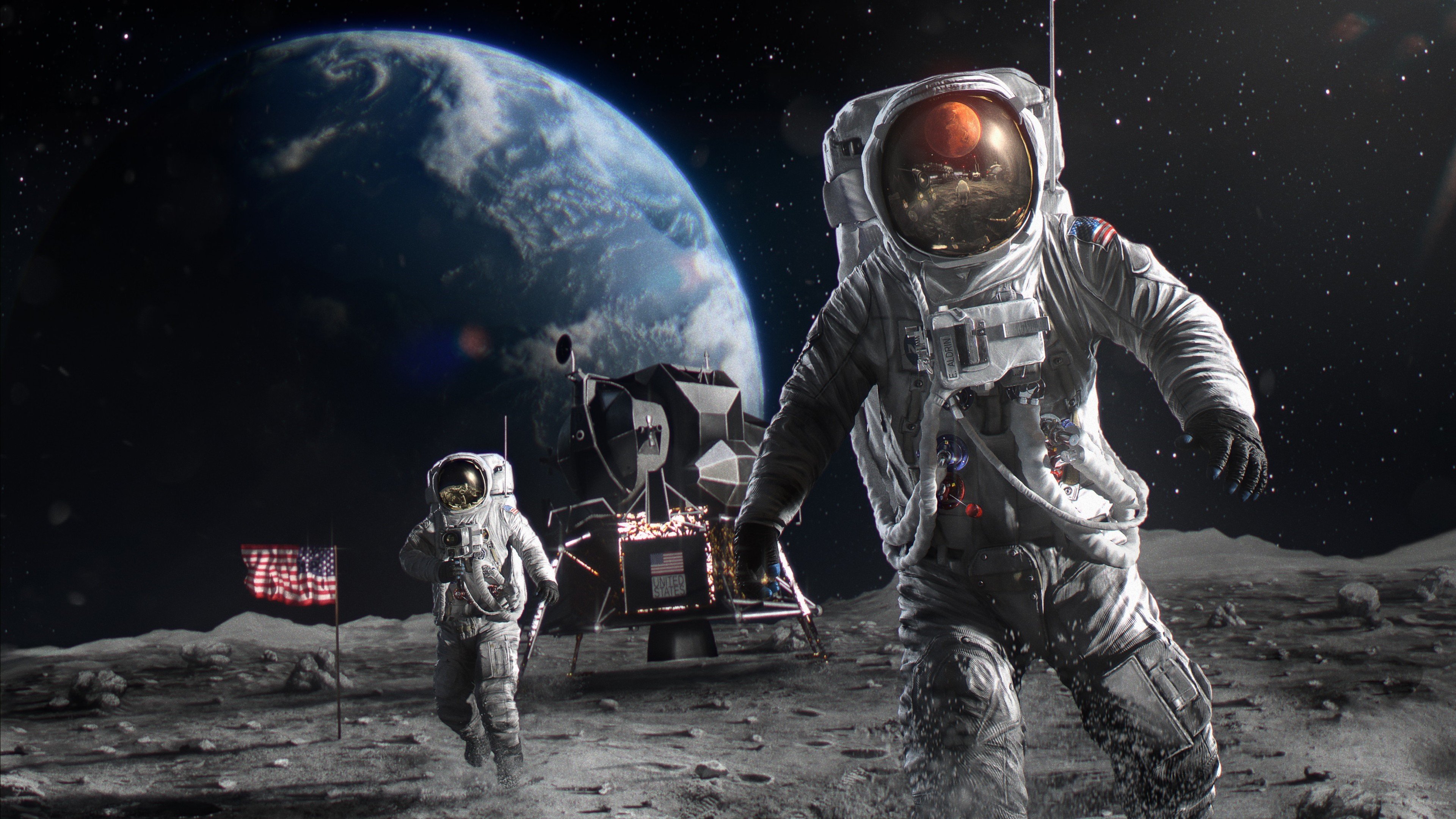 4K, astronaut, car, Moon, Earth, space, USA Gallery HD Wallpaper