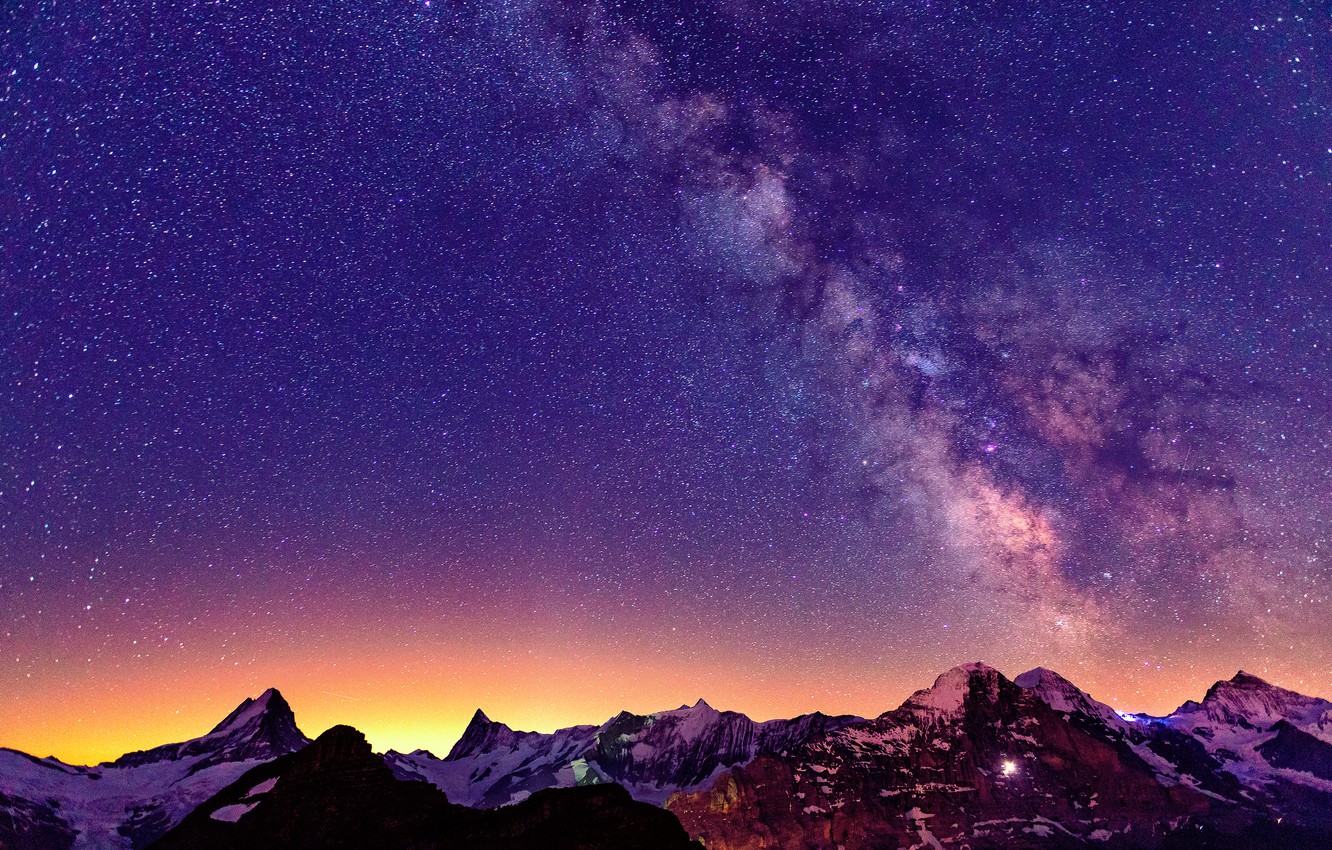 Wallpaper the sky, stars, light, mountains, night, Switzerland, Alps, the milky way image for desktop, section пейзажи