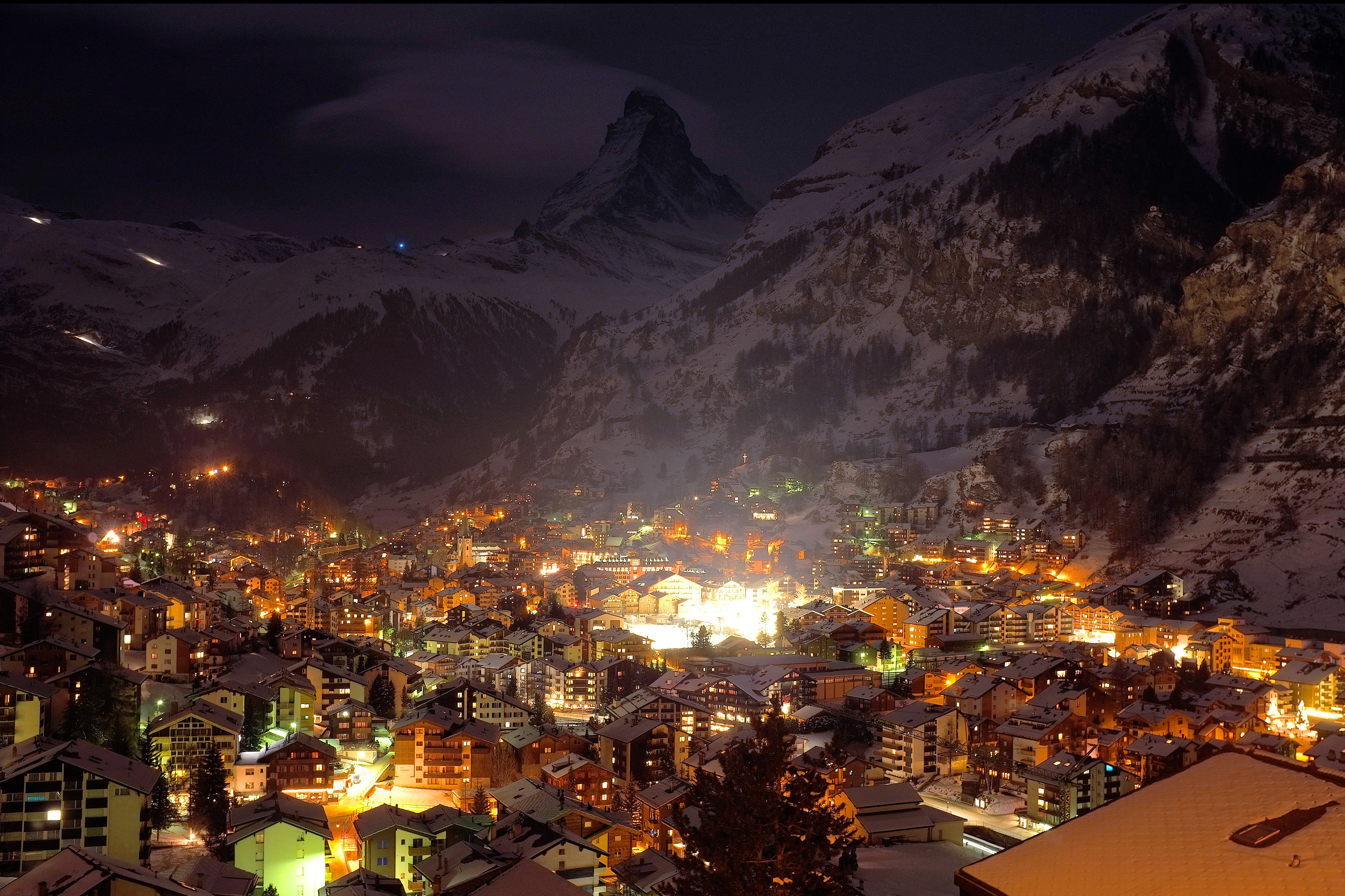 HD desktop wallpaper: Winter, Night, Snow, Mountain, Light, House, Alps, Village, Switzerland, Valley, Man Made download free picture