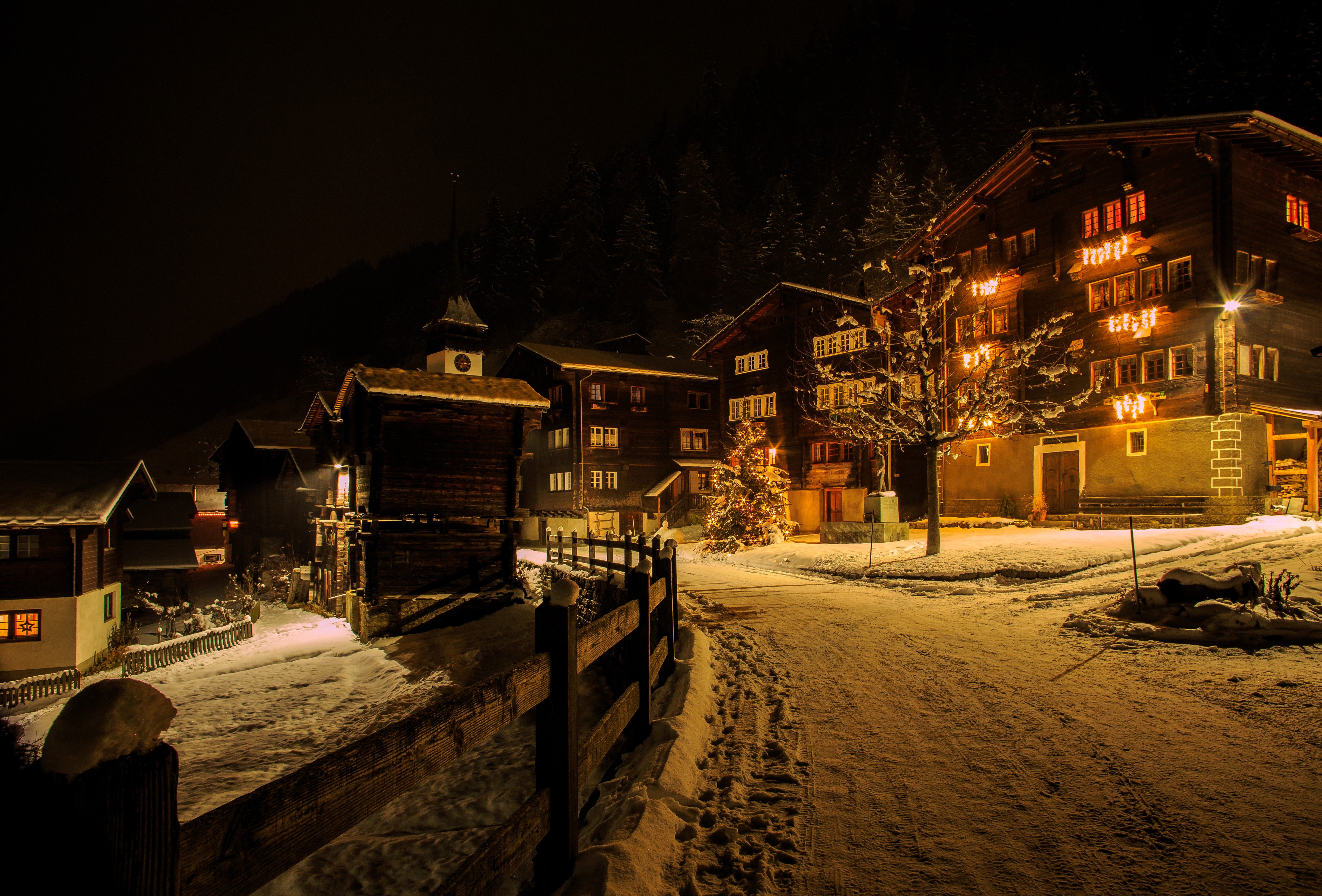 4K, 5K, Niederwald, Switzerland, Houses, Winter, Roads, Night, Street lights, Snow Gallery HD Wallpaper