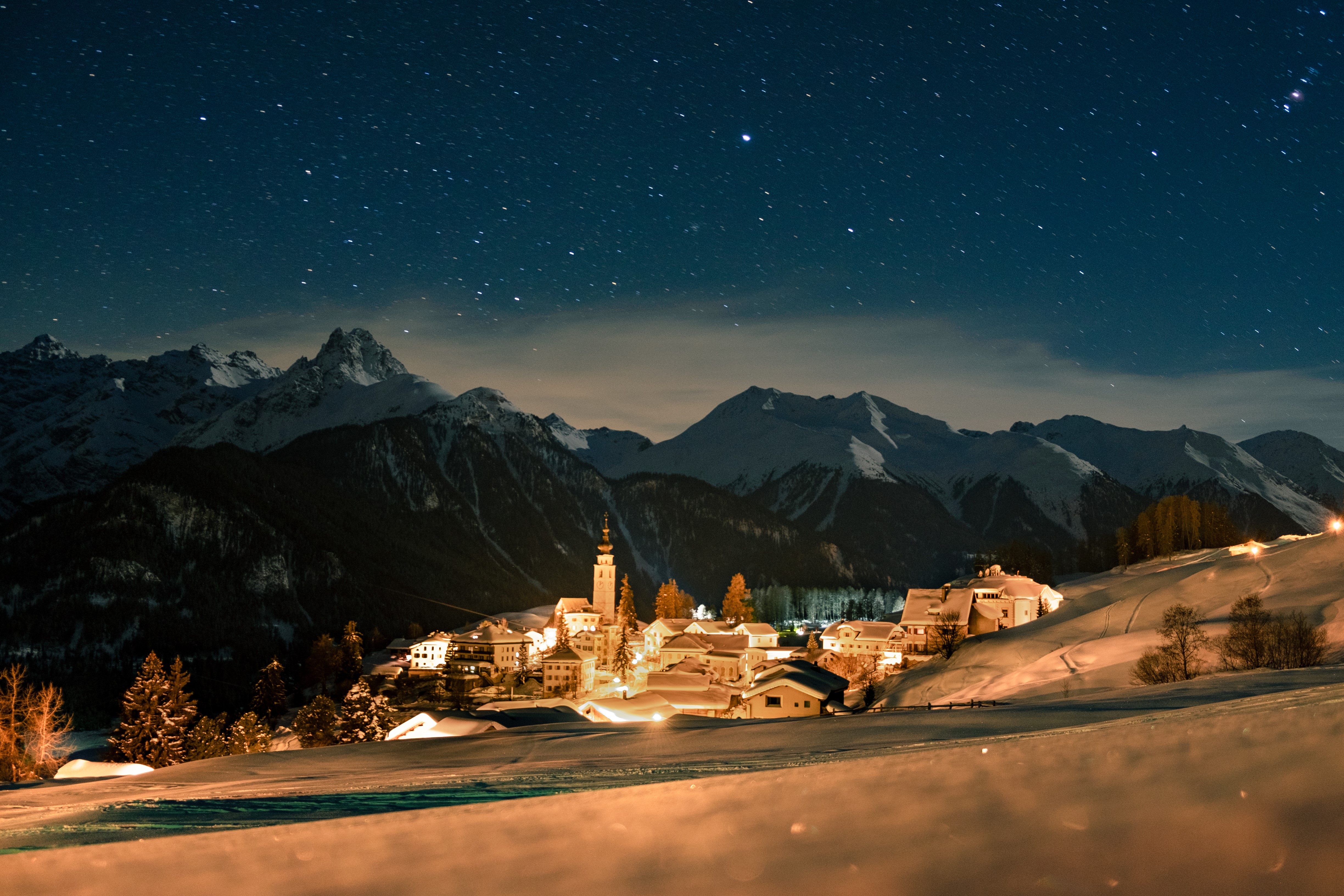 Wallpaper / Switzerland, long exposure, snow, winter, stars, astronomy free download