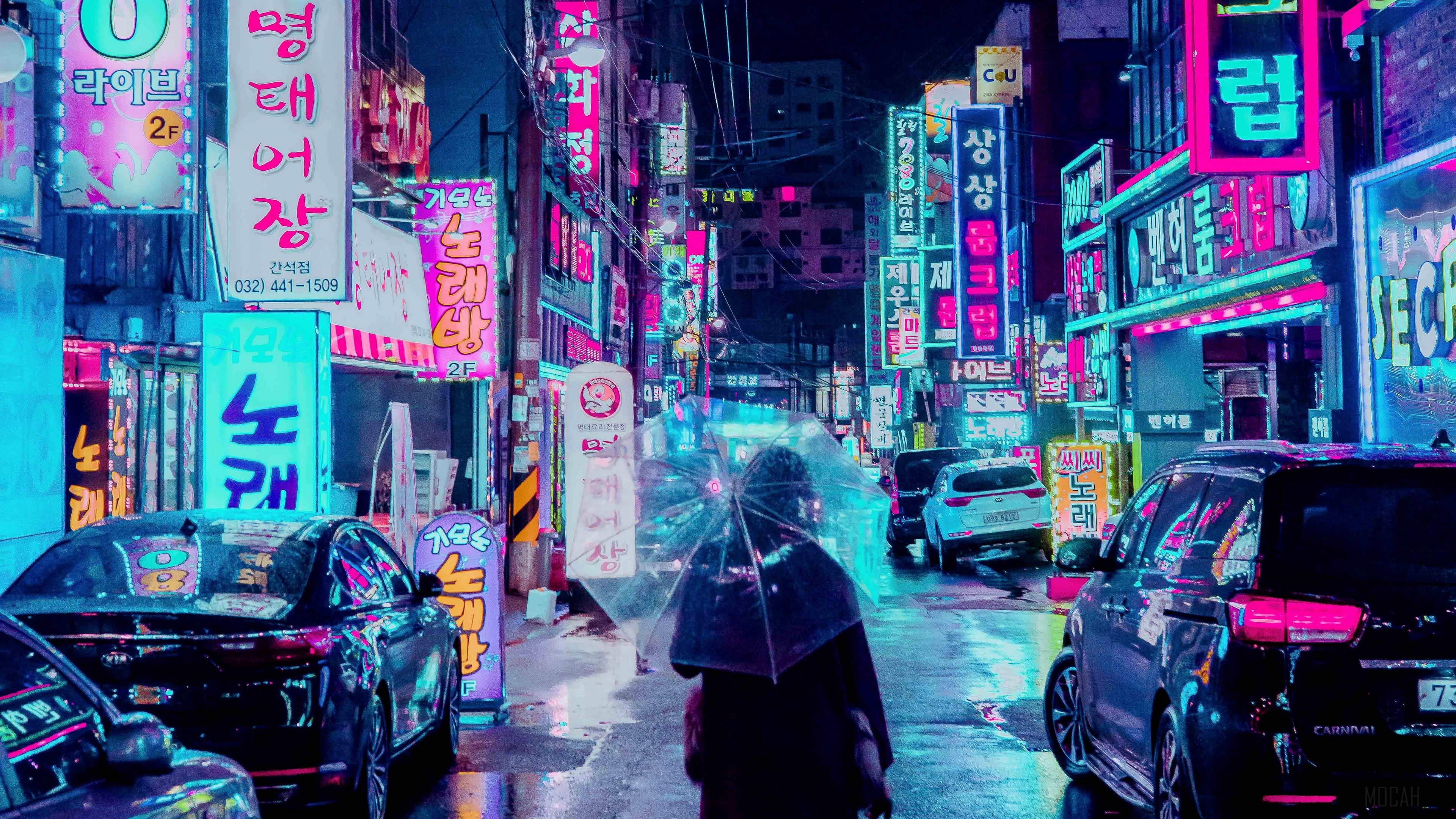 night city, street, umbrella, man, signboards, lighting, neon 4k Gallery HD Wallpaper