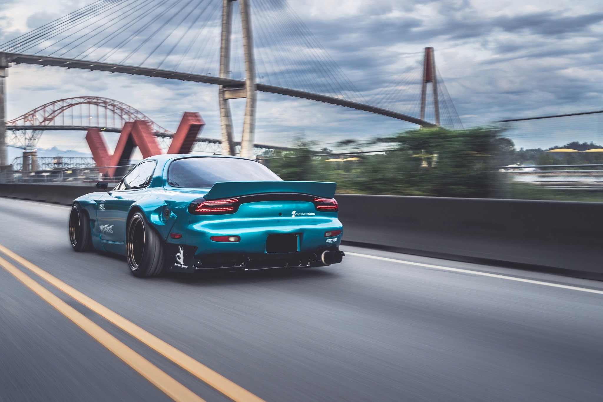Mazda RX 7, Rocket Bunny, Bridge, Mazda, Blue Cars, Sports Car Gallery HD Wallpaper