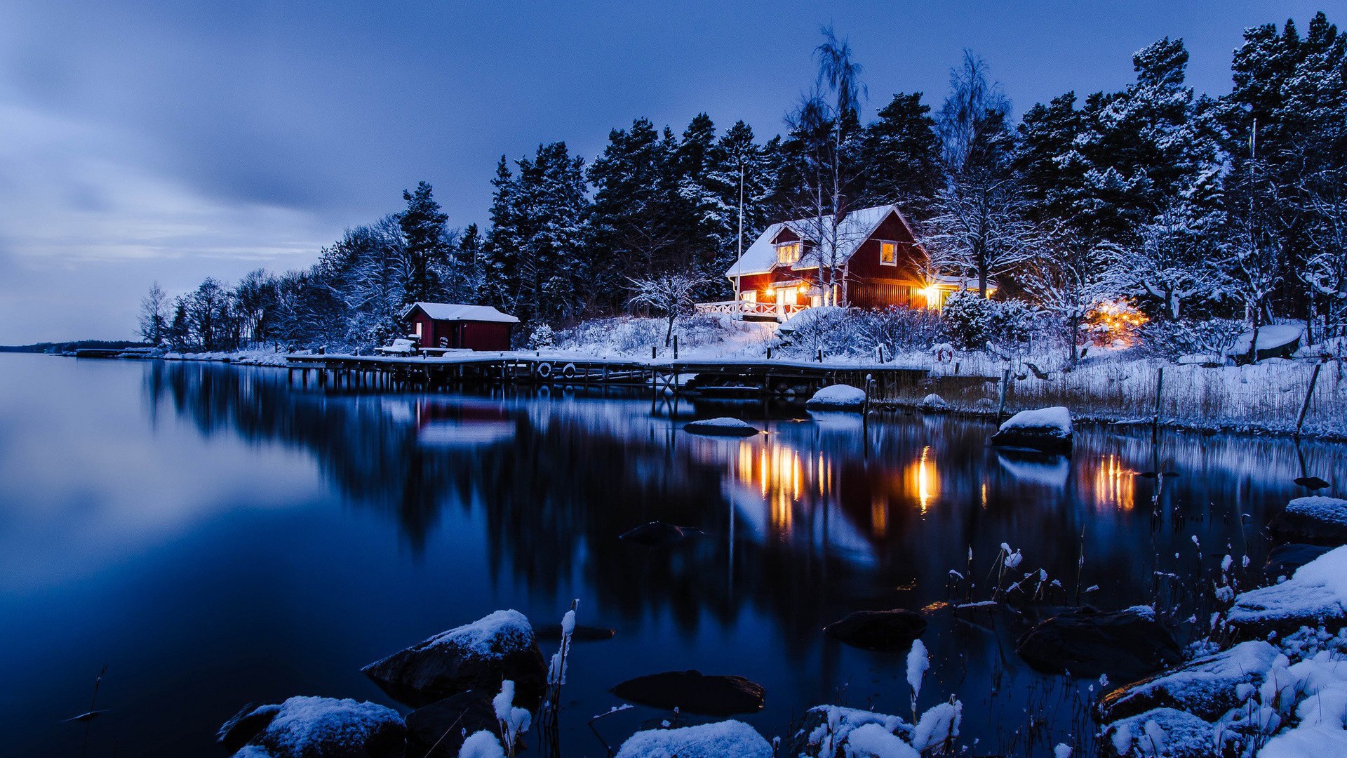 night, space, winter, lake, landscape Gallery HD Wallpaper