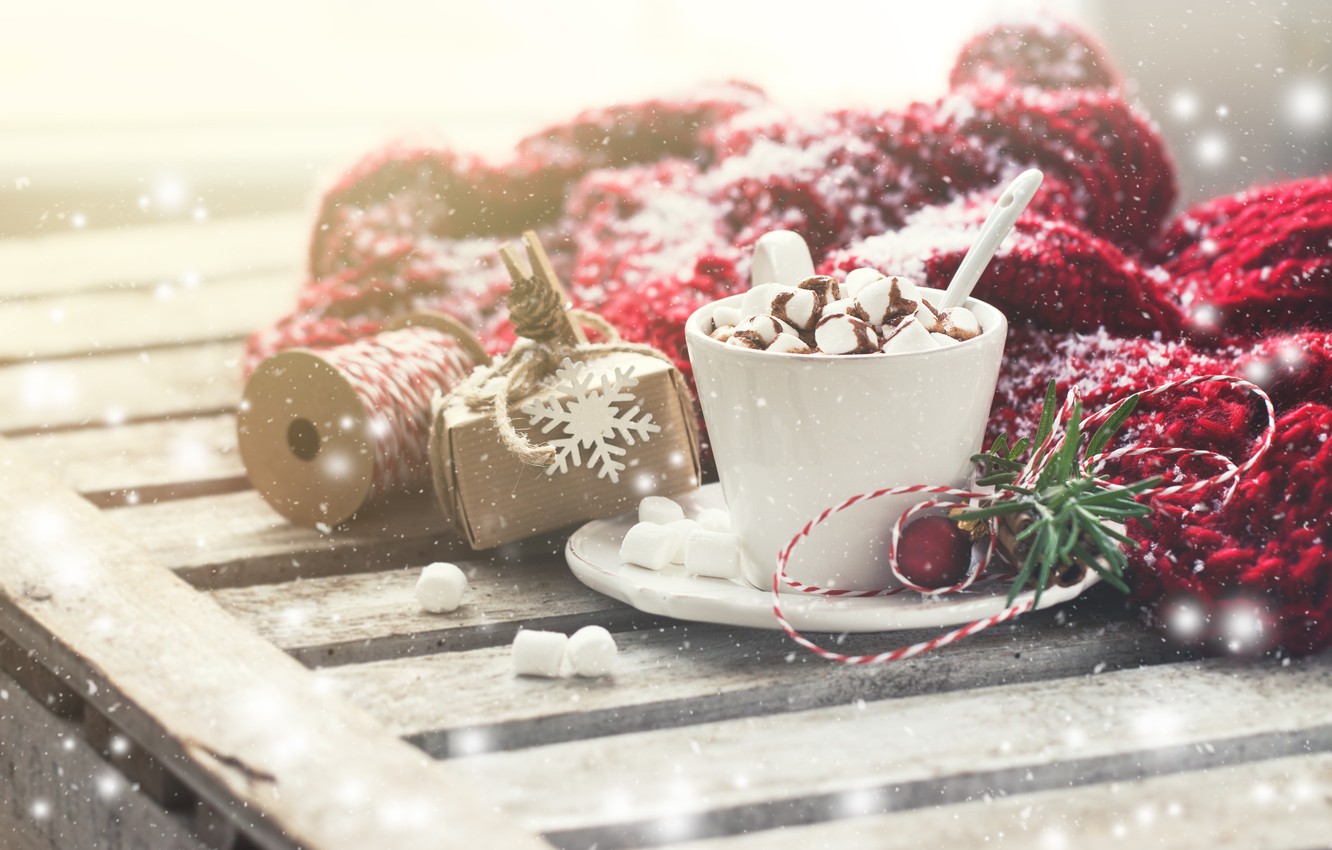 Wallpaper winter, snow, Cup, cup, Chocolate, hot chocolate, marshmallows image for desktop, section настроения