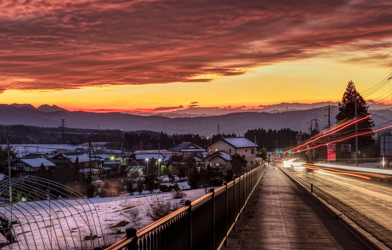 Wallpaper winter, road, the sky, clouds, snow, trees, landscape, sunset, mountains, lights, home, Japan, lights, the sidewalk, Numata image for desktop, section город