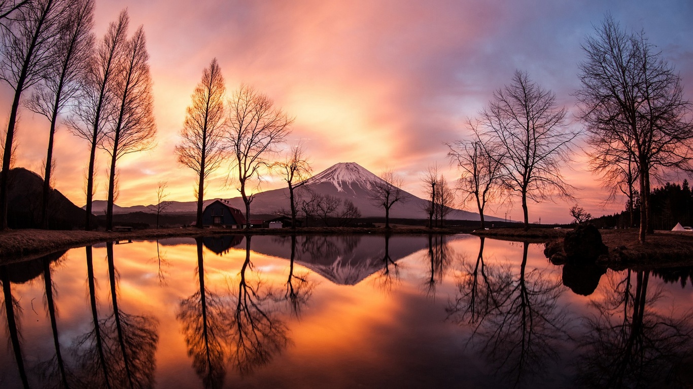 Wallpaper / nature, landscape, trees, forest, branch, Mount Fuji, Japan, lake, sunset, house, snowy peak, mountains, reflection, fisheye lens, clouds, long exposure, winter, rock free download