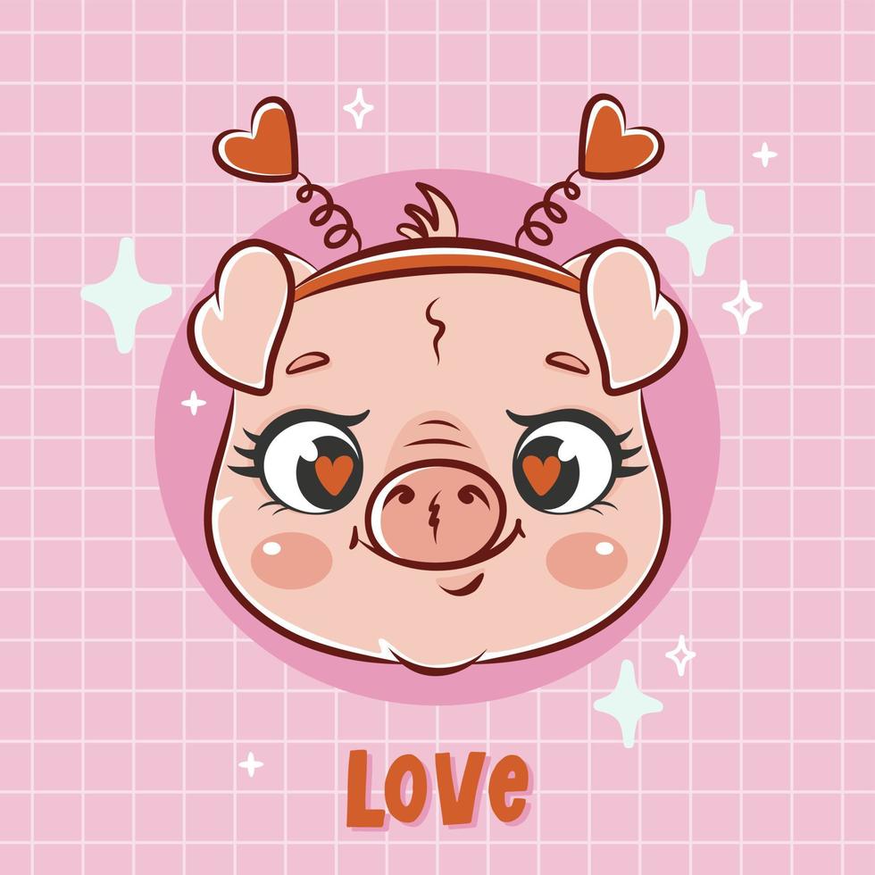 Cute cartoon pig face valentines illustration