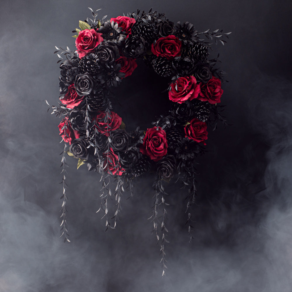 Gothic Romance Red & Black Rose, Peony & Pinecone Halloween Fro