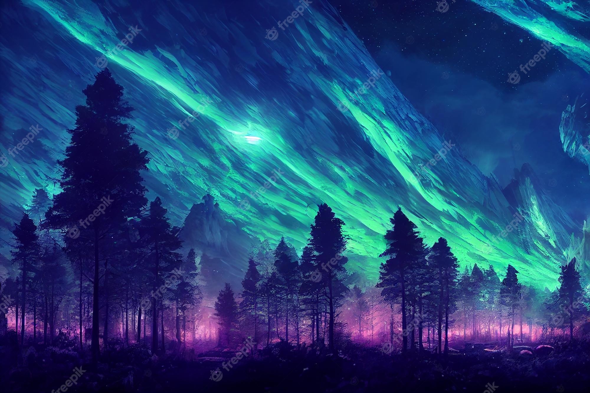 Premium Photod illustration fantasy of neon forest on beautiful sky glowing colorful look like fairytale