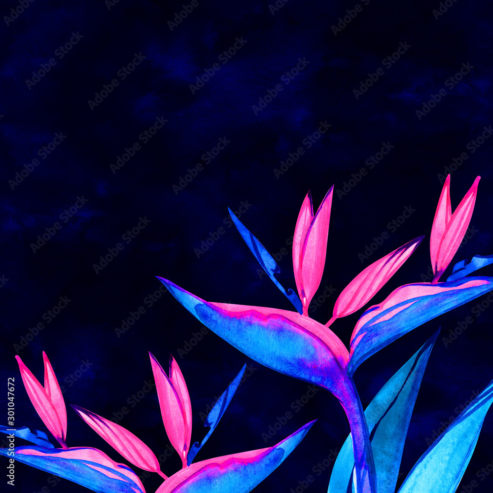 Neon jungle card. Bright tropical leaves, flowers, butterfly collection. Stock Illustration