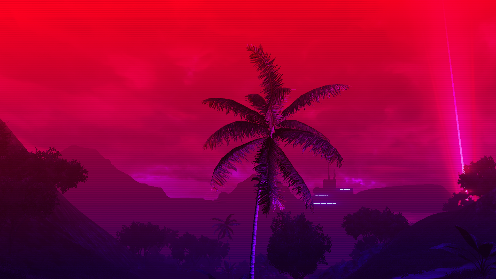 palm trees, neon, jungle, Far Cry 3: Blood Dragon, trees, sunset Gallery HD Wallpaper