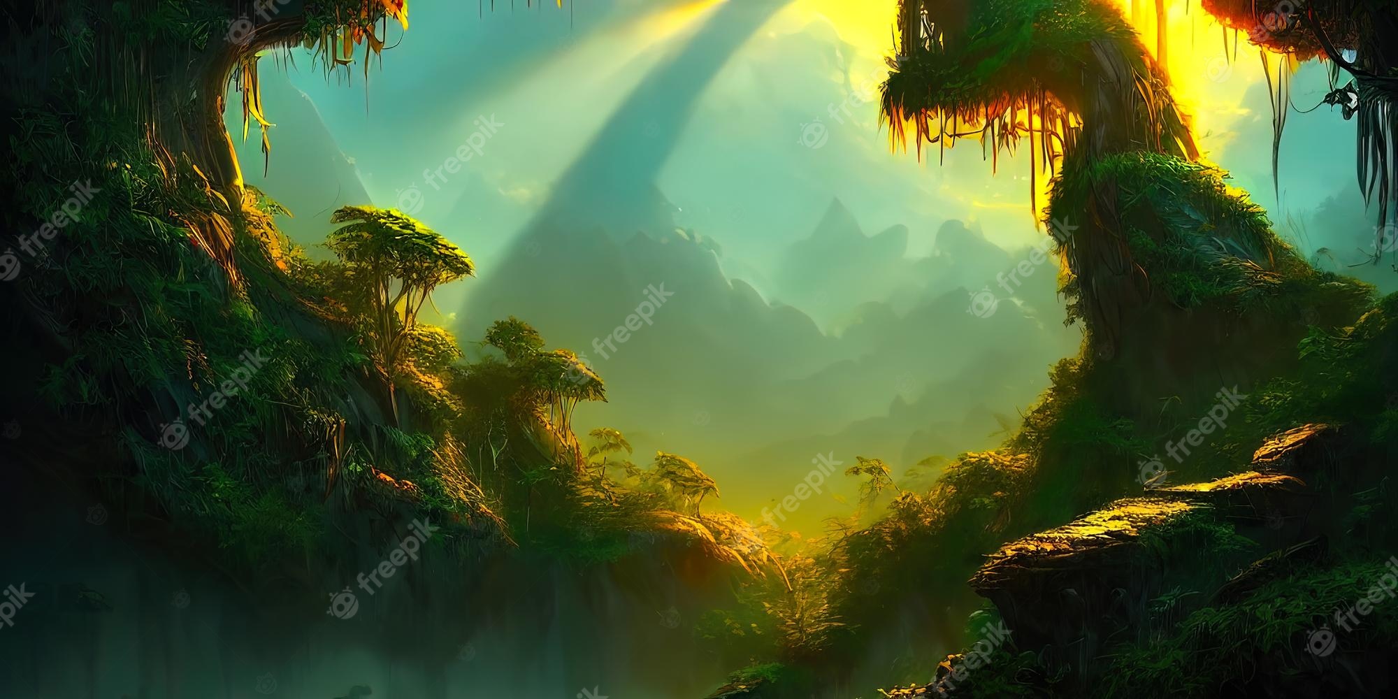 Premium Photo. Fantasy neon forest jungle at sunset mystical unreal forest beautiful neon landscape 3D illustration