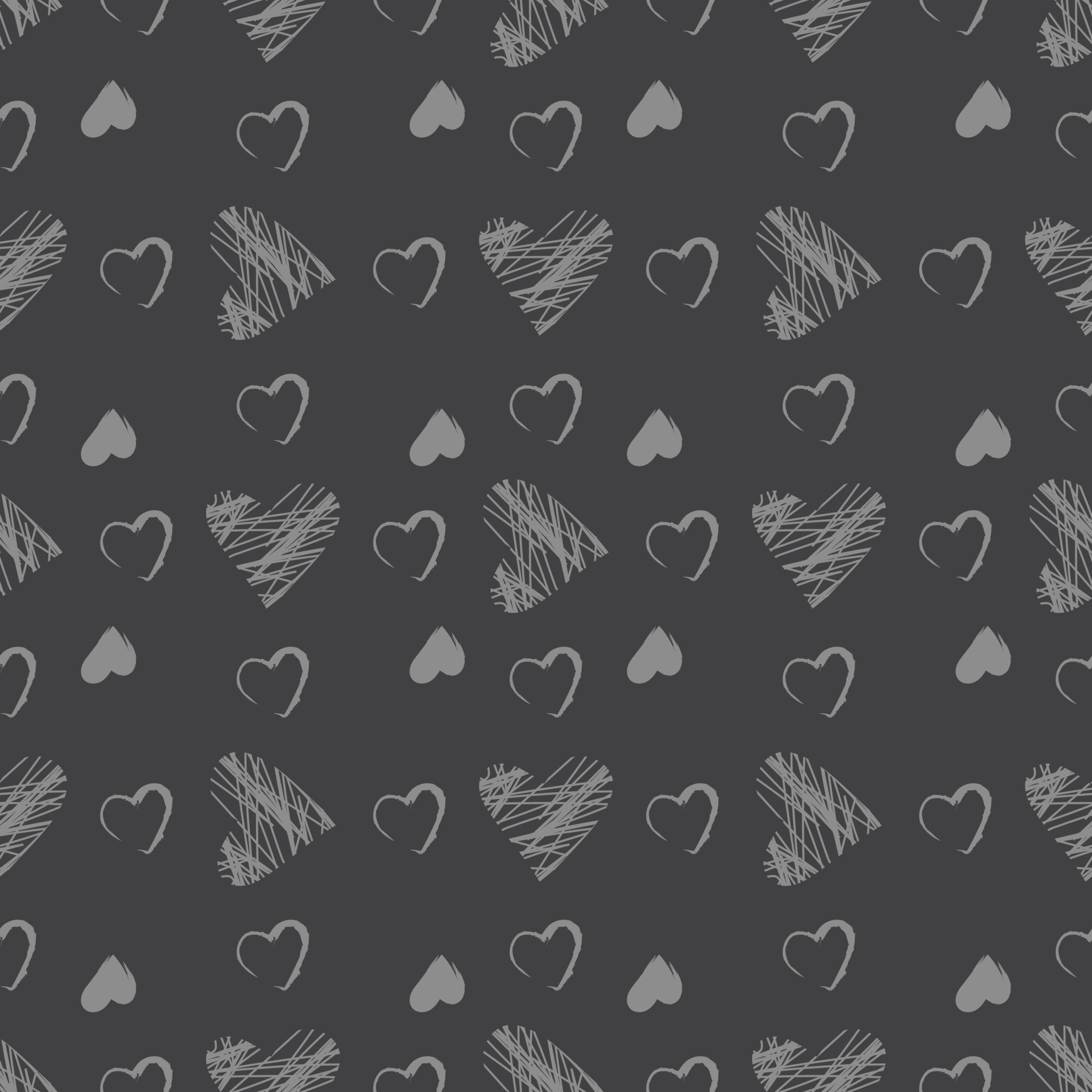 Cute seamless pattern with hand drawn gray hearts and on dark background. Festive decoration for Valentine Day, print with chalk lines on slate board. Vector flat illustration