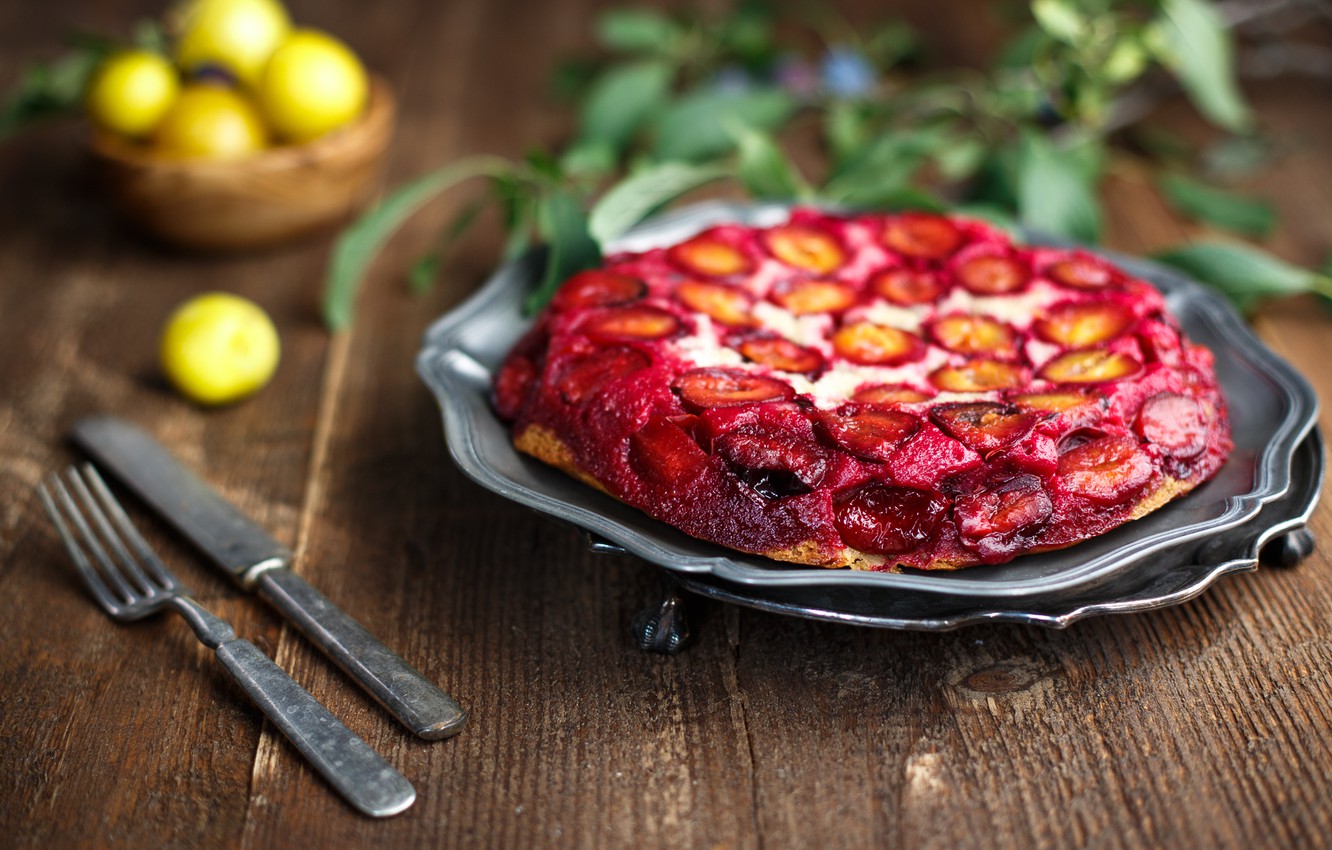 Wallpaper knife, plug, plum, plum cake image for desktop, section еда
