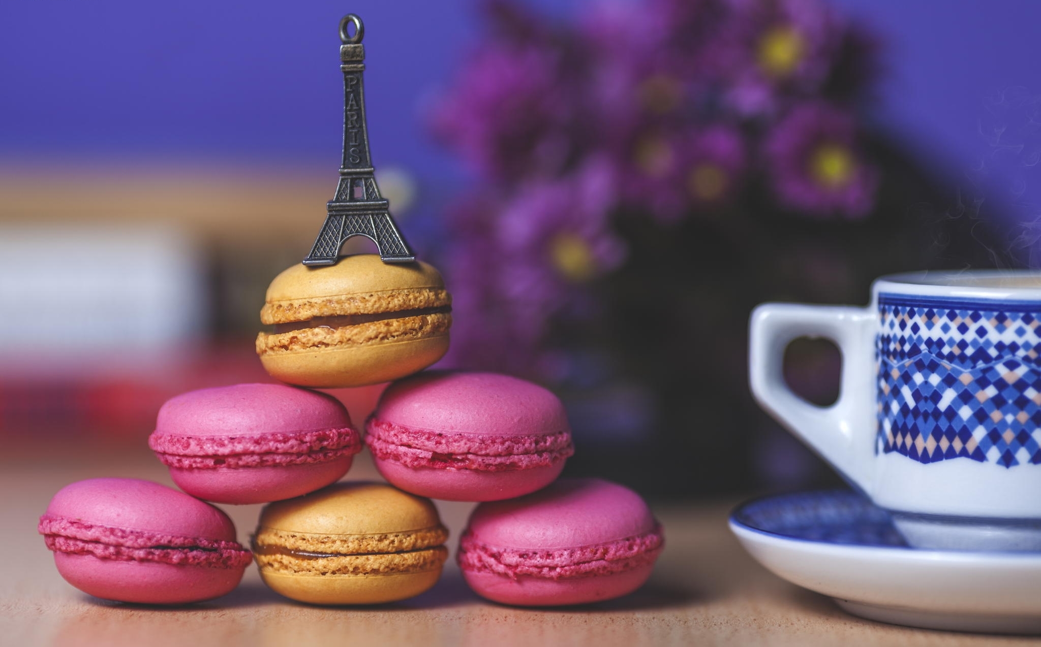 Wallpaper, food, purple, cup, Eiffel Tower, cookies, macaron 2048x1274