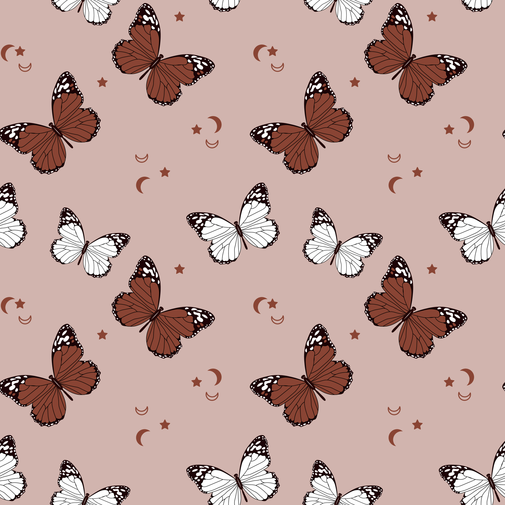 Seamless pattern, painted white and brown butterflies, moon and stars on a beige background. Print, wallpaper, textiles, bedroom decor