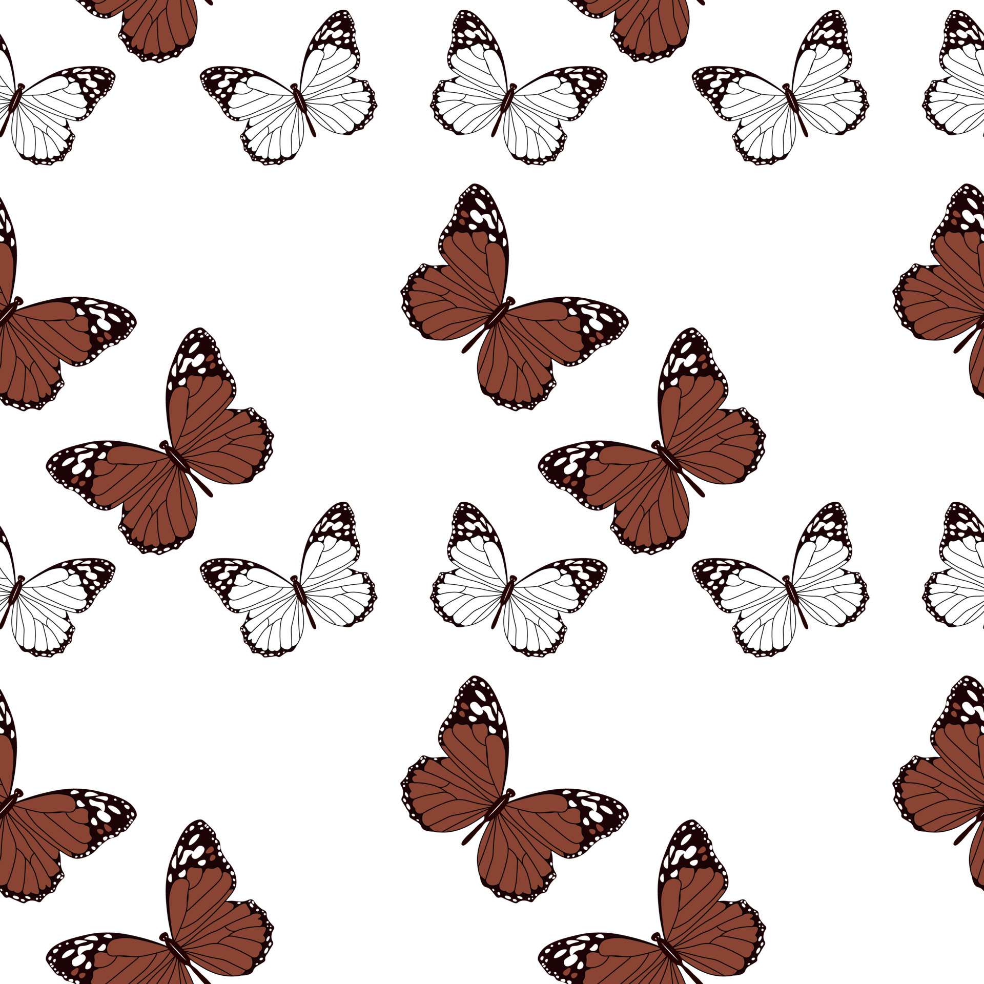 Seamless pattern, white and brown butterflies on a white background. Print, textile, wallpaper, decor for pastel linen