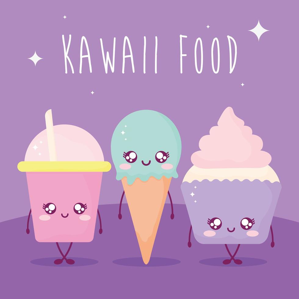 kawaii food lettering and set of kawaii food on purple background