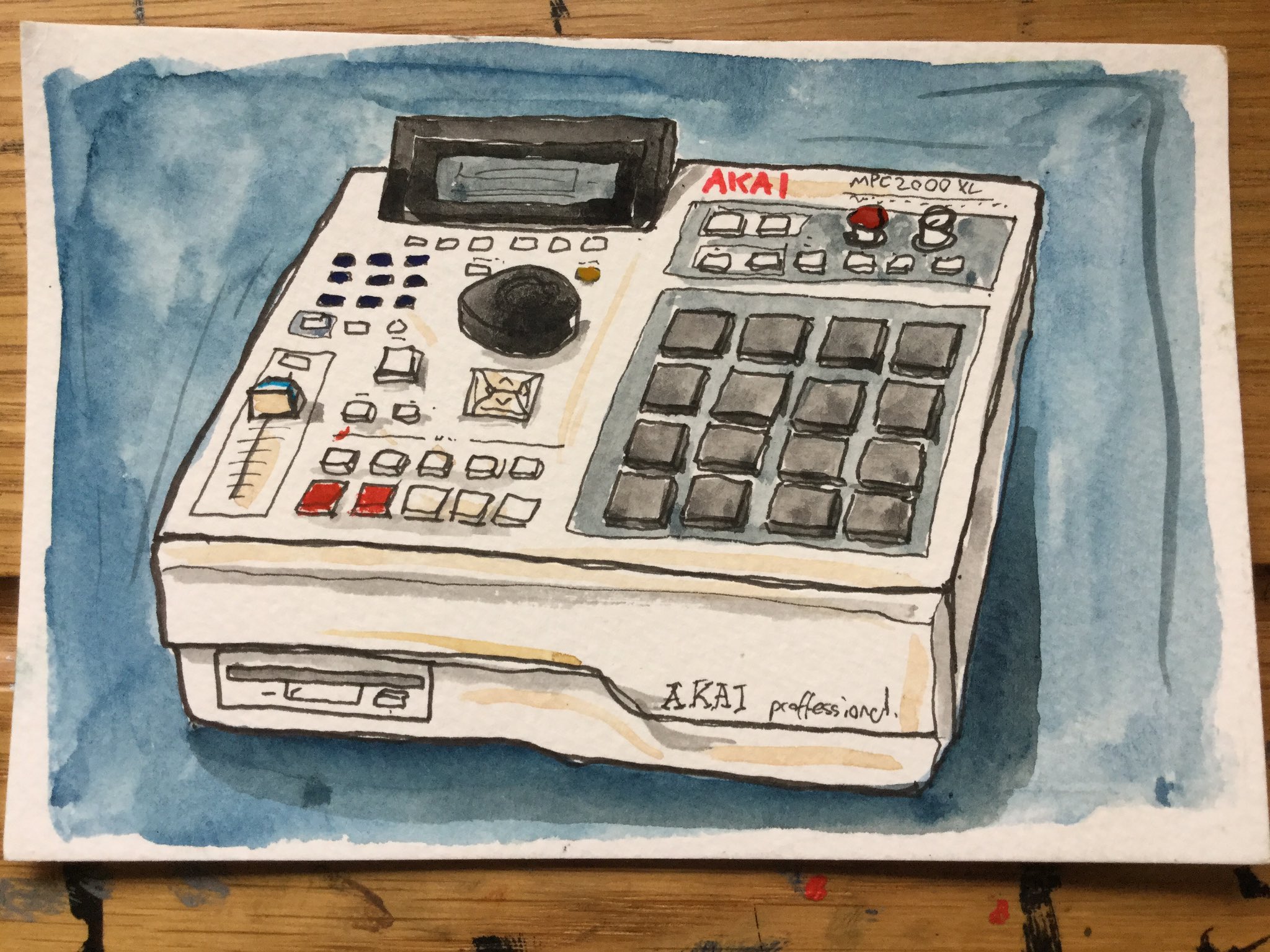 Darren Hayman sized painting of Akai MPC 2000xl Sampler. Designed by Roger Linn the drum pad way of interfacing is still used on loads of products. I used this