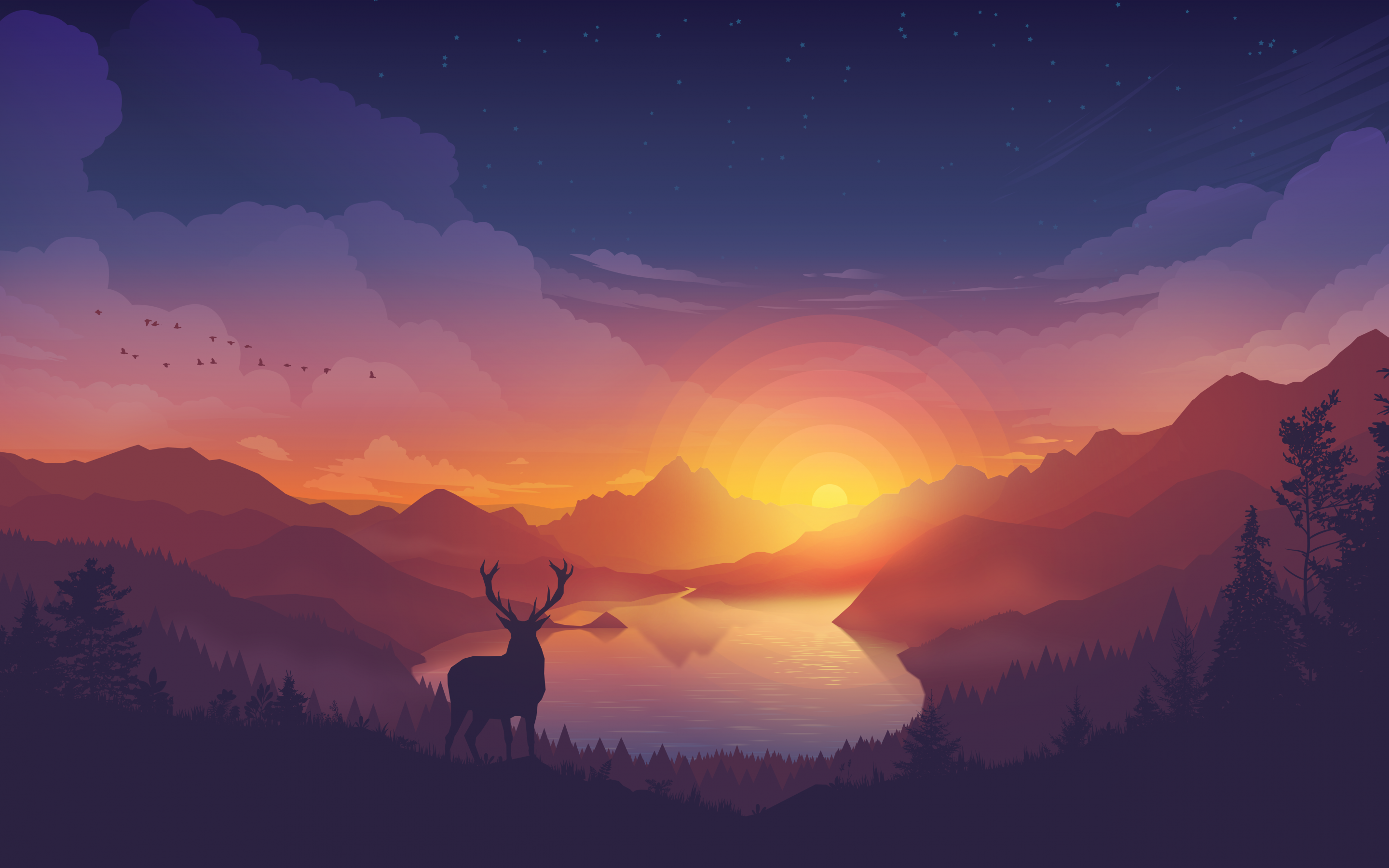 Lakeside Wallpaper 4K, Evening, Deer, Nature