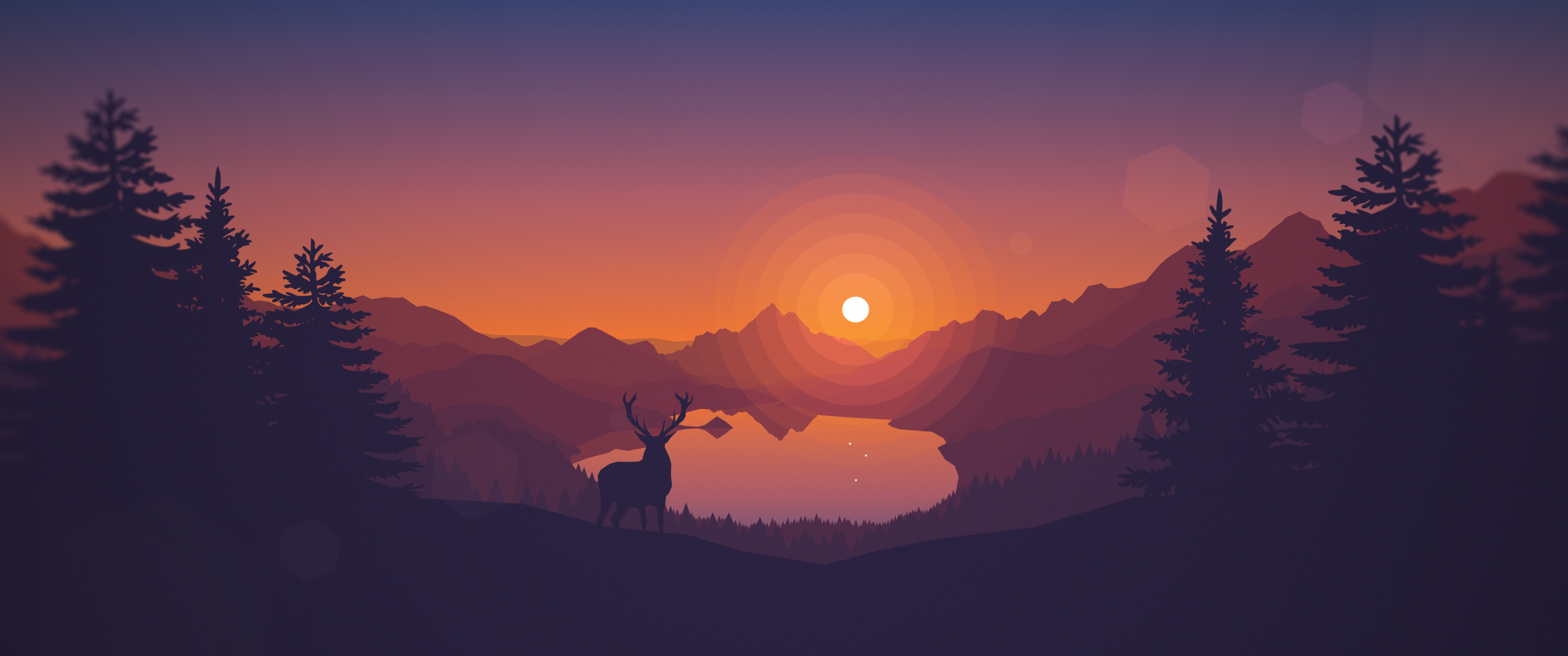 Lakeside Wallpaper 4K, Sunset, Deer, Minimal art