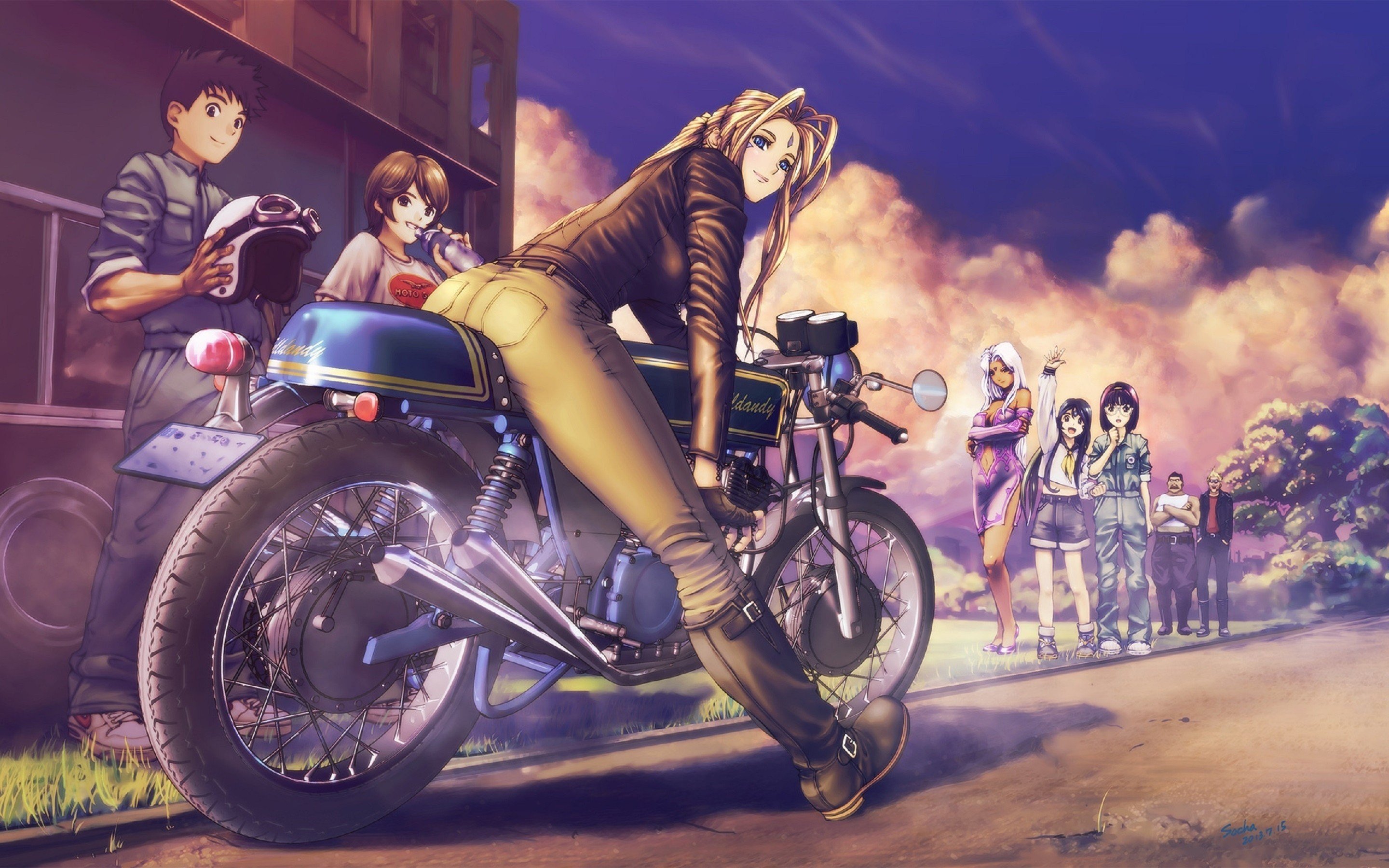 Wallpaper, anime girls, bicycle, motorcycle, vehicle, Ah My Goddess, Belldandy, Cafe Racer, motorcycling, stunt performer, mountain bike, extreme sport 2880x1800