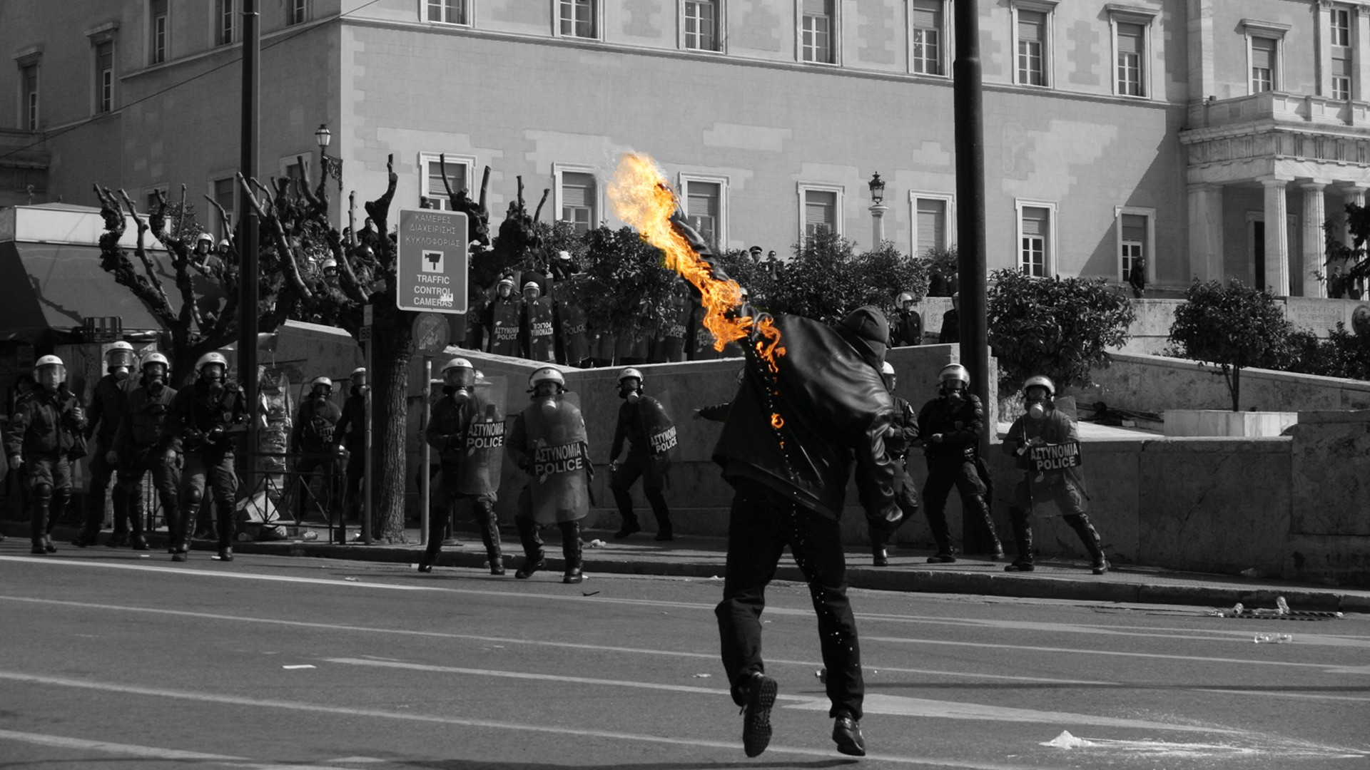 Fire Riot Police Greece Molotov Cocktail Selective Coloring Color Splash HD Wallpaper. That Radical Hyperbole