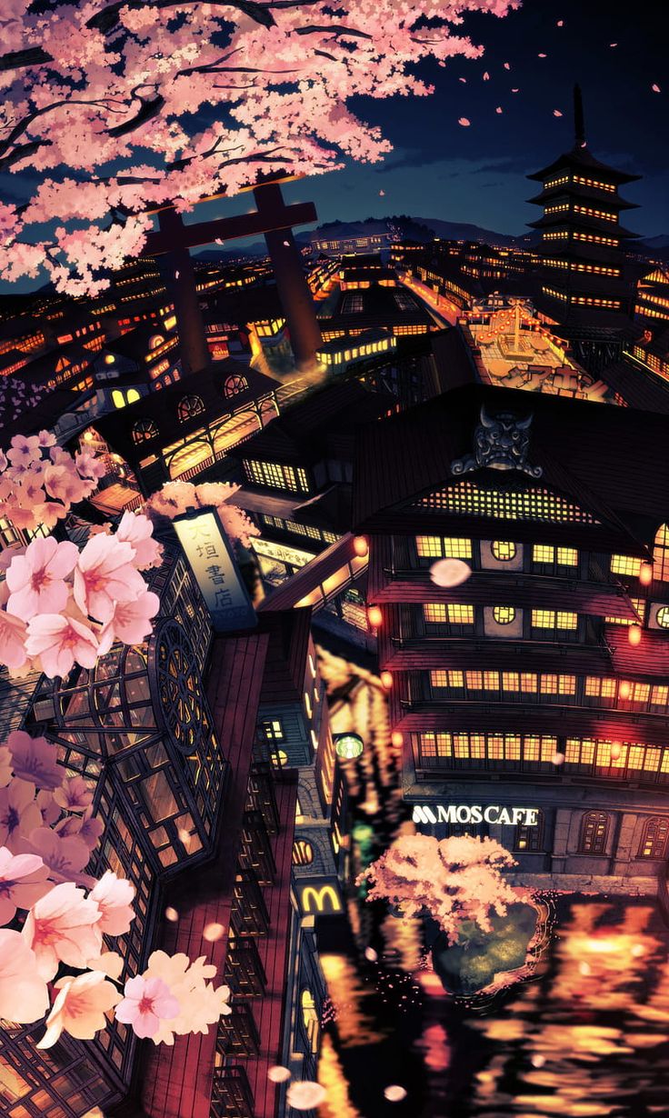 Sakura city, city, drawn, japan, manga, sakura, HD phone wallpaper. Anime wallpaper, City wallpaper, Beautiful scenery nature