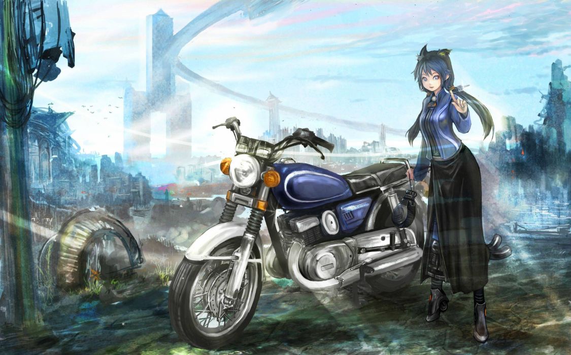 Original Fantastic world Anime Girls Motorcycle wallpaperx1964