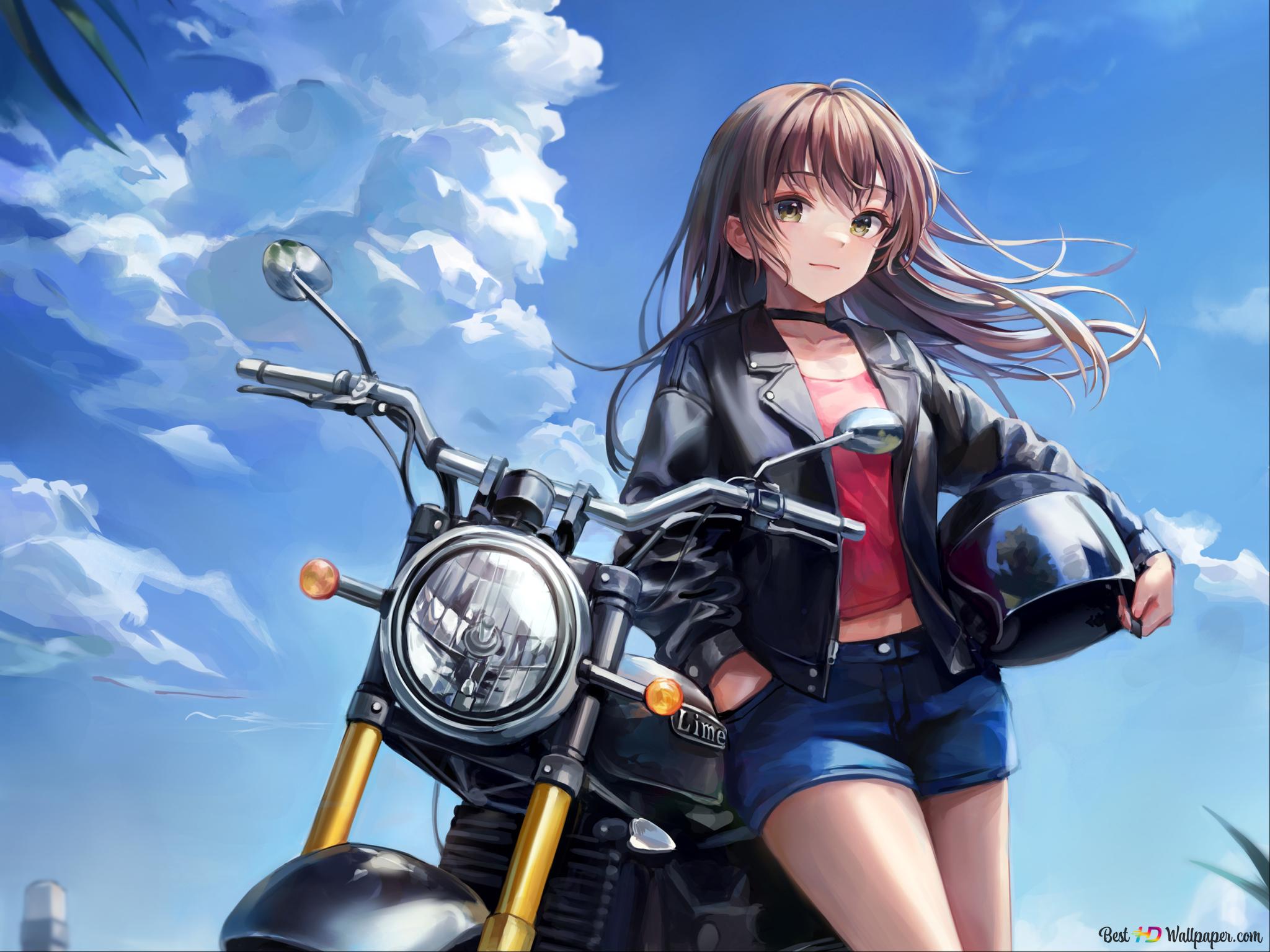 Stance of beautiful anime girl near motorcycle posing with cloudy sky view 2K wallpaper download