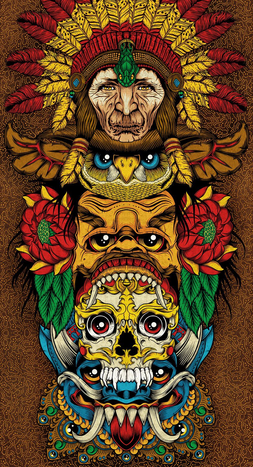 Totem pole installation created for the “Splinters & Papercuts” exhibit hosted at the Pale Horse studio space. This one was. Tiki art, Psychedelic art, Aztec art