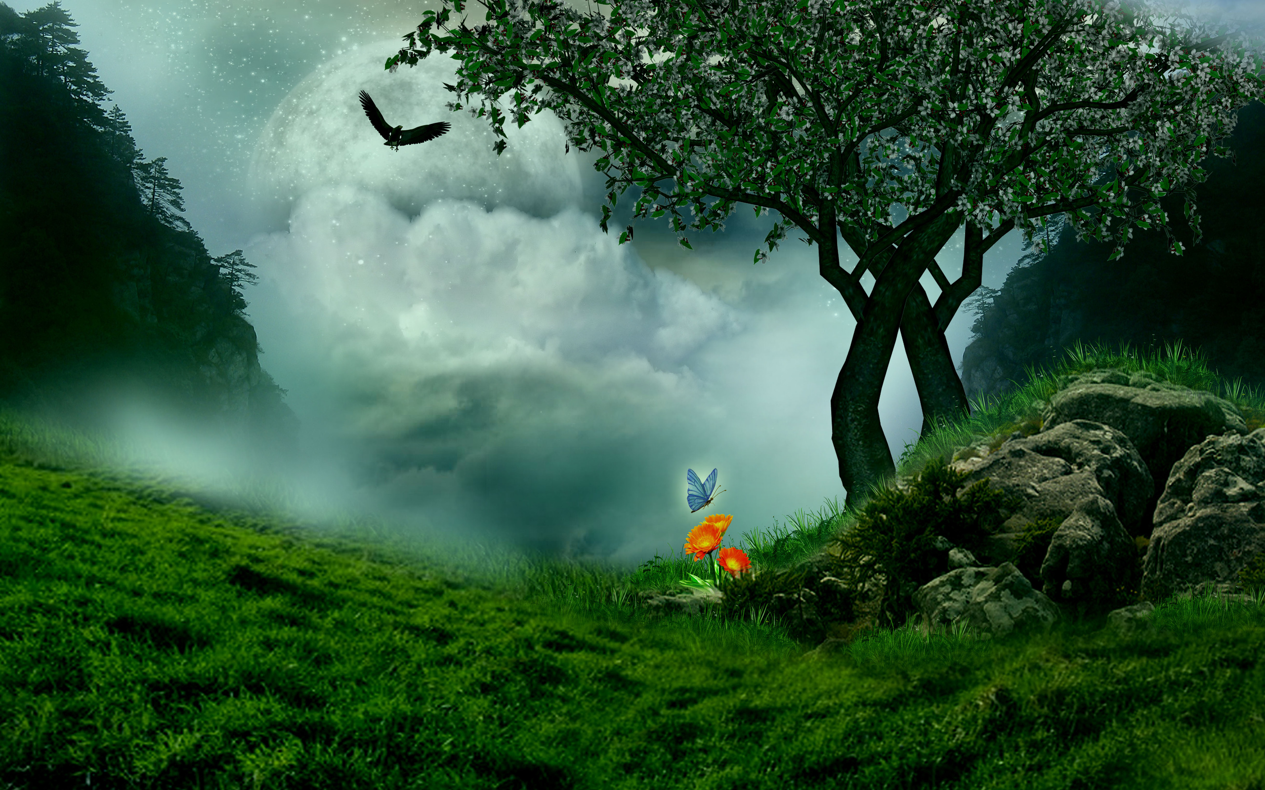 landscape, Fantasy, 3D, Art, Flowers, Birds, Butterfly Wallpaper HD / Desktop and Mobile Background