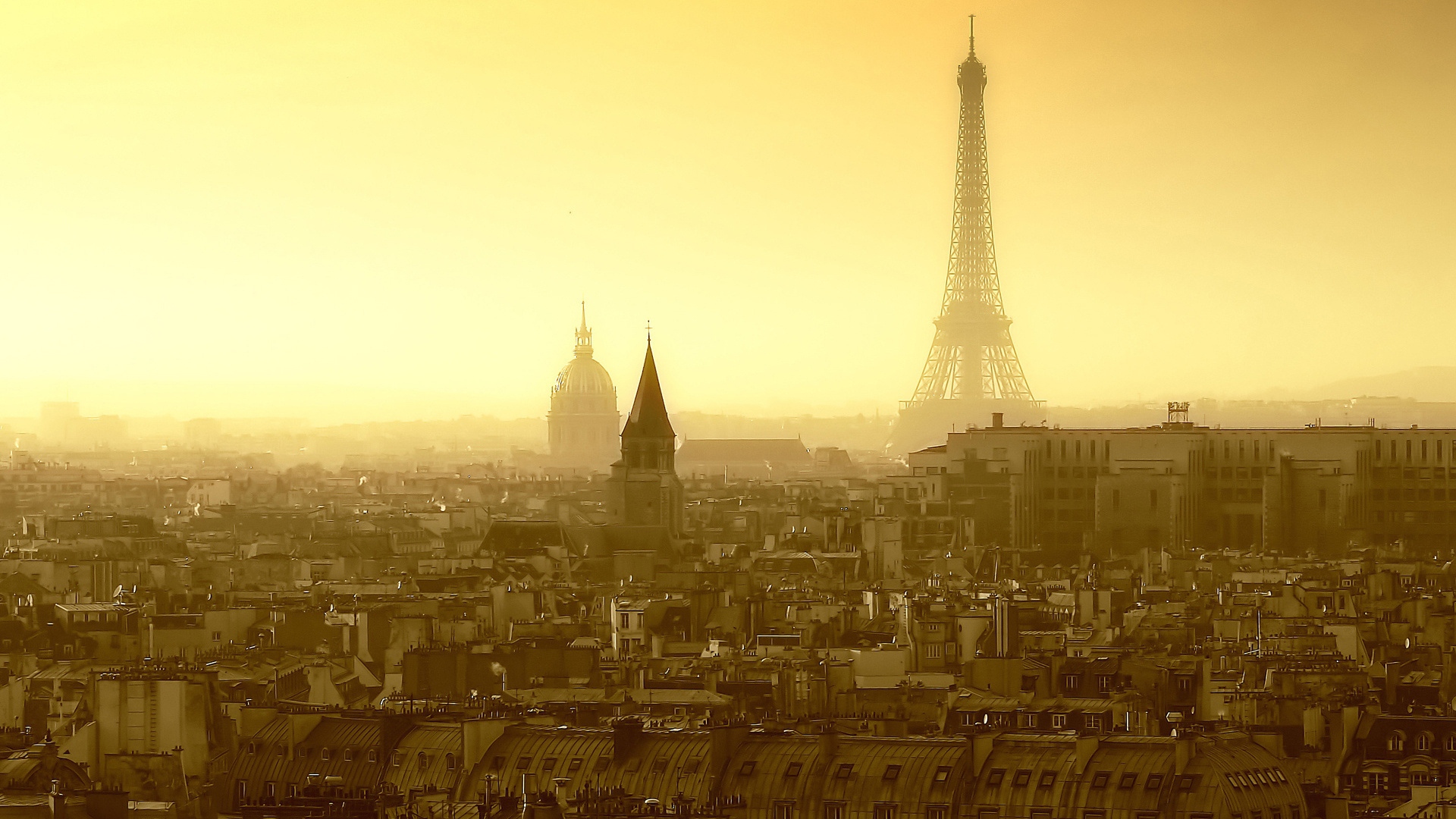 Download Wallpaper 1920x1080 paris, city, france, top view, panorama, fog Full HD 1080p HD Background