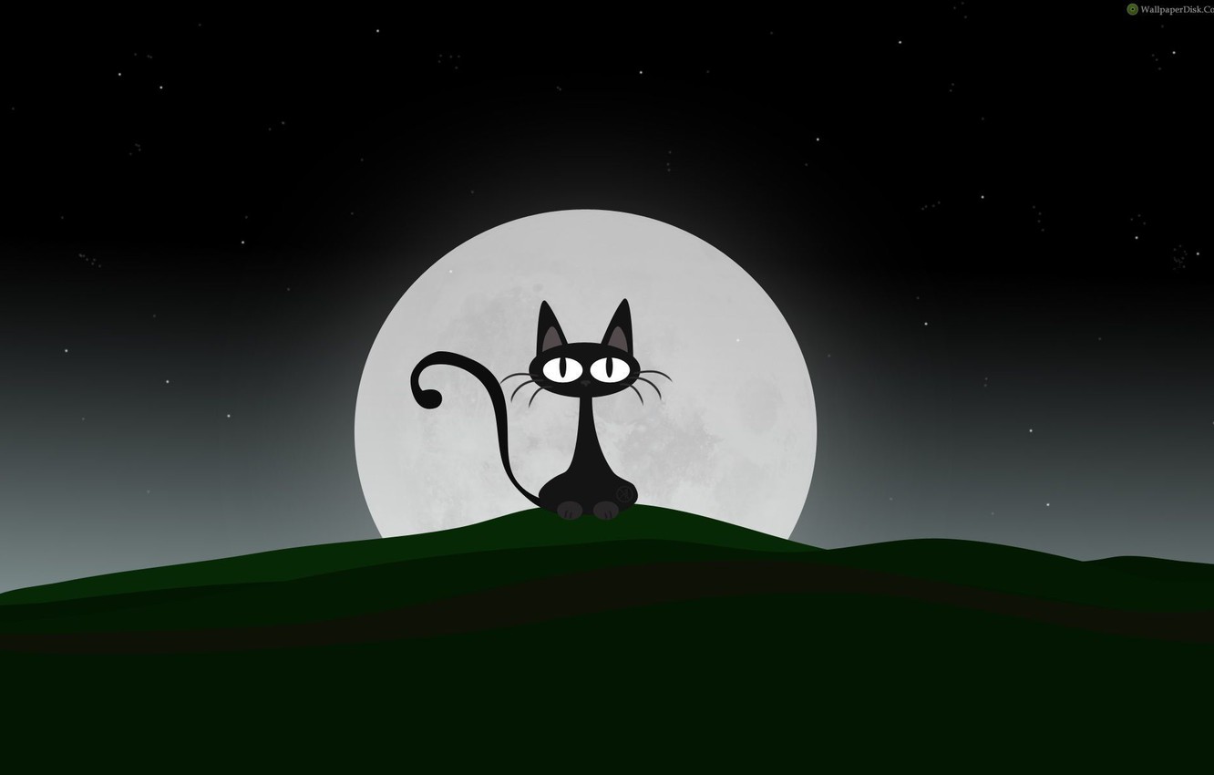 Wallpaper cat, night, the moon, vector, black, vector, moon, black, night, cat image for desktop, section минимализм
