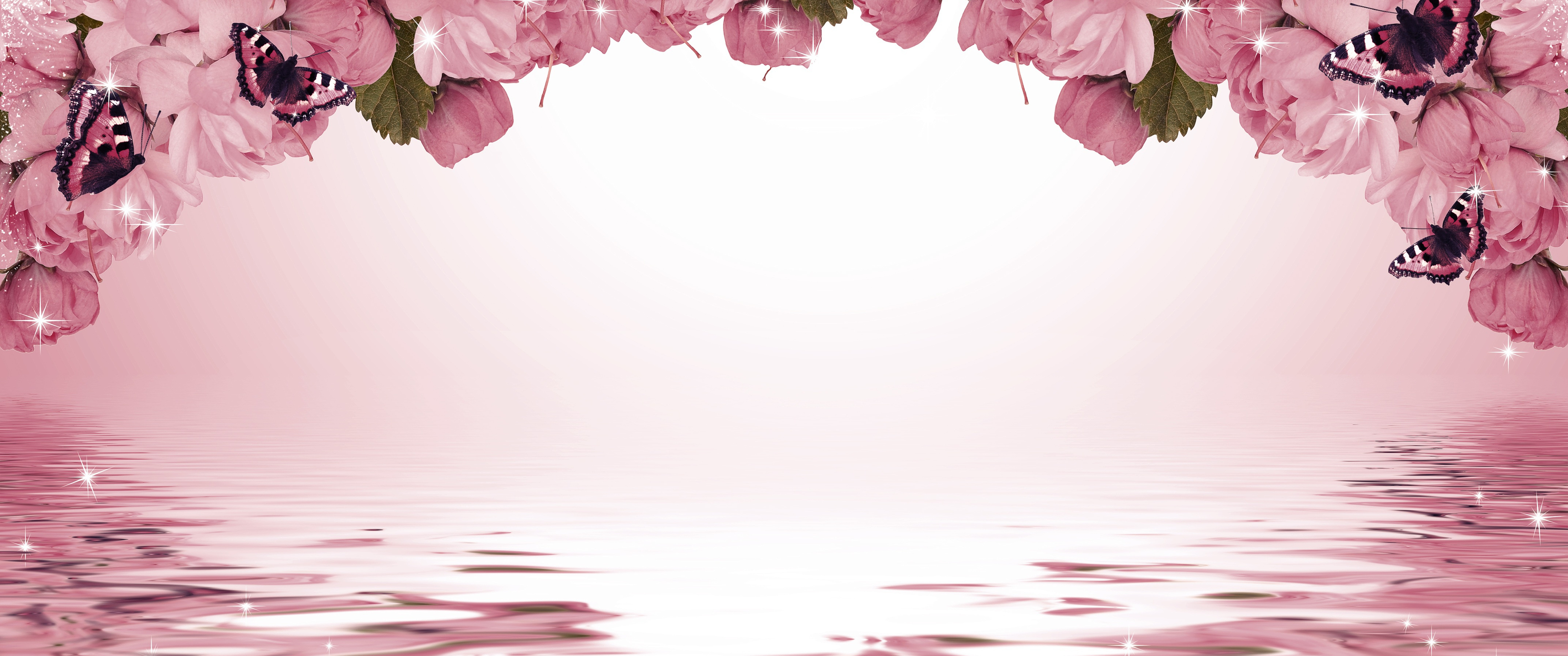 Download Sakura, Background, Butterflies, Sparks, Flowers, Texture Wallpaper in 3440x1440 Resolution