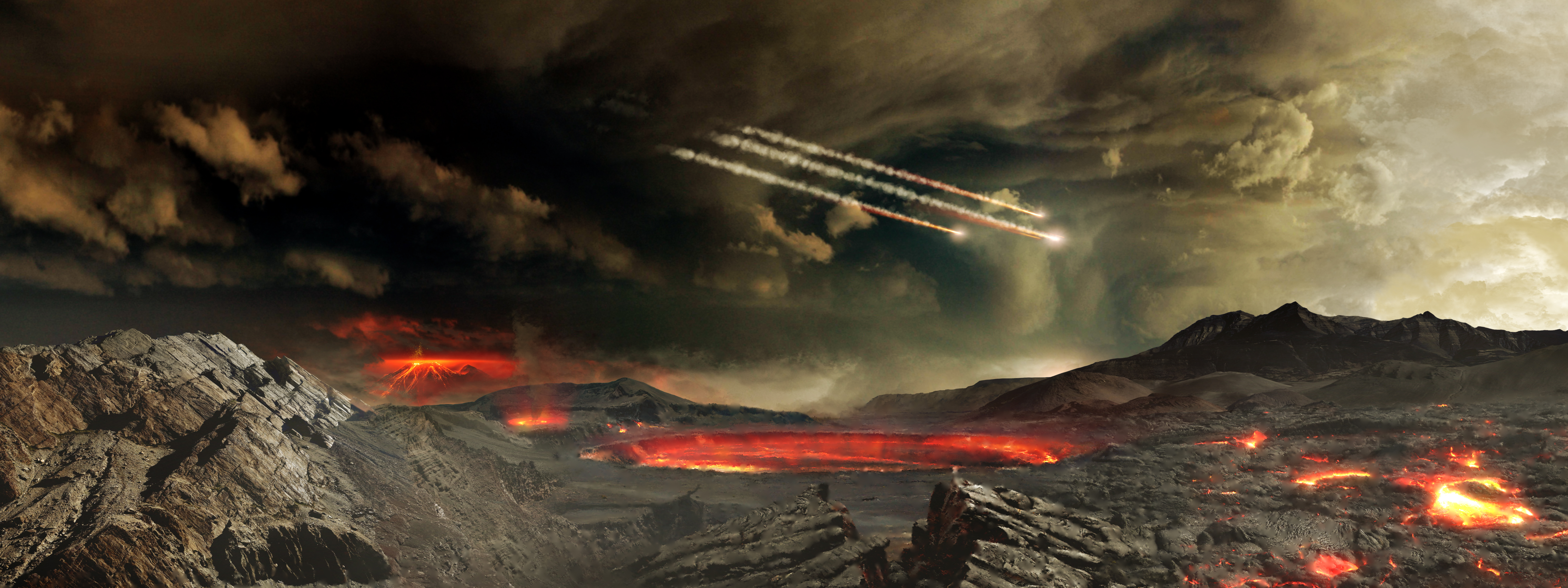 Wallpaper, geological phenomenon, sky, wildfire, volcanic landform, types of volcanic eruptions, fissure vent, lava, landscape, computer wallpaper, visual effects, explosive material 5760x2160