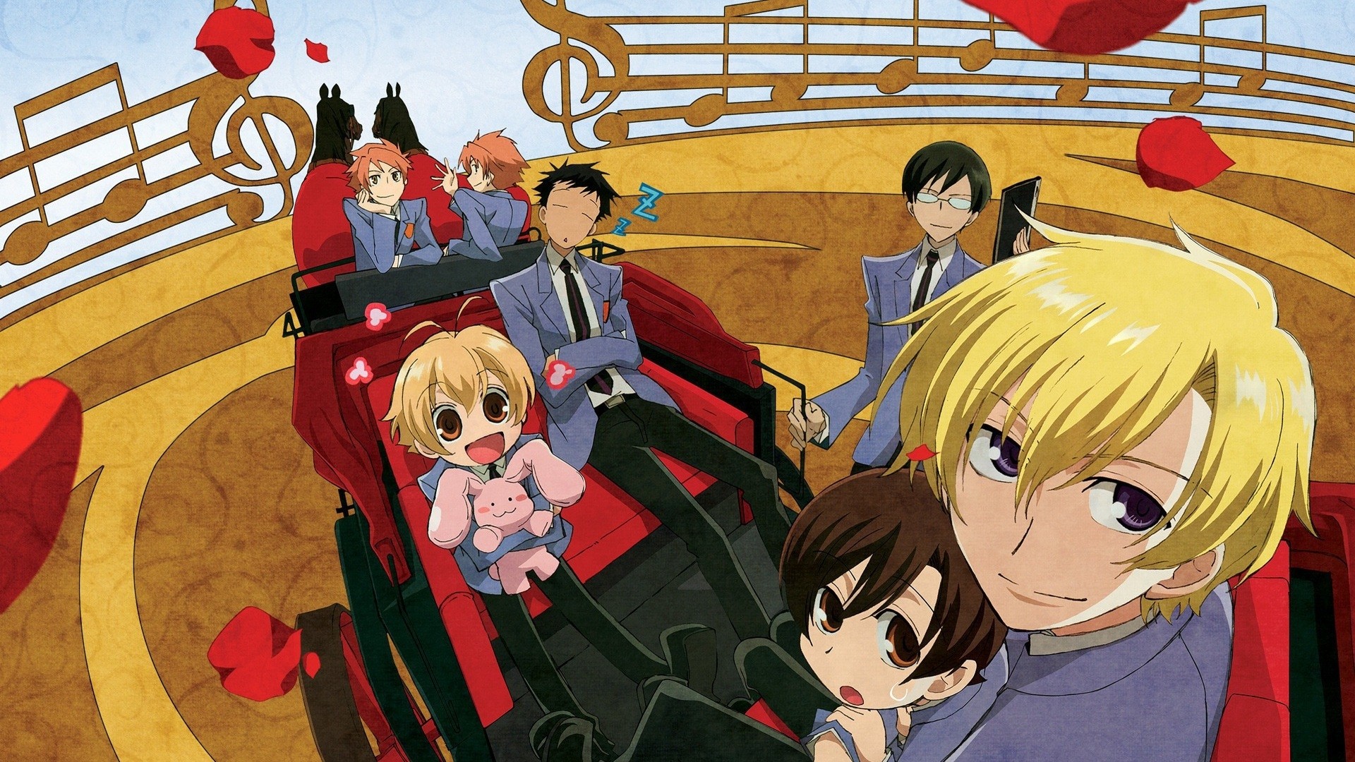 Ouran High School Host Club HD, Kaoru Hitachiin, Kyoya Ootori, Haruhi Fujioka, Tamaki Suoh, Mitsukuni Haninozuka, Hikaru Hitachiin, Takashi Morinozuka Gallery HD Wallpaper