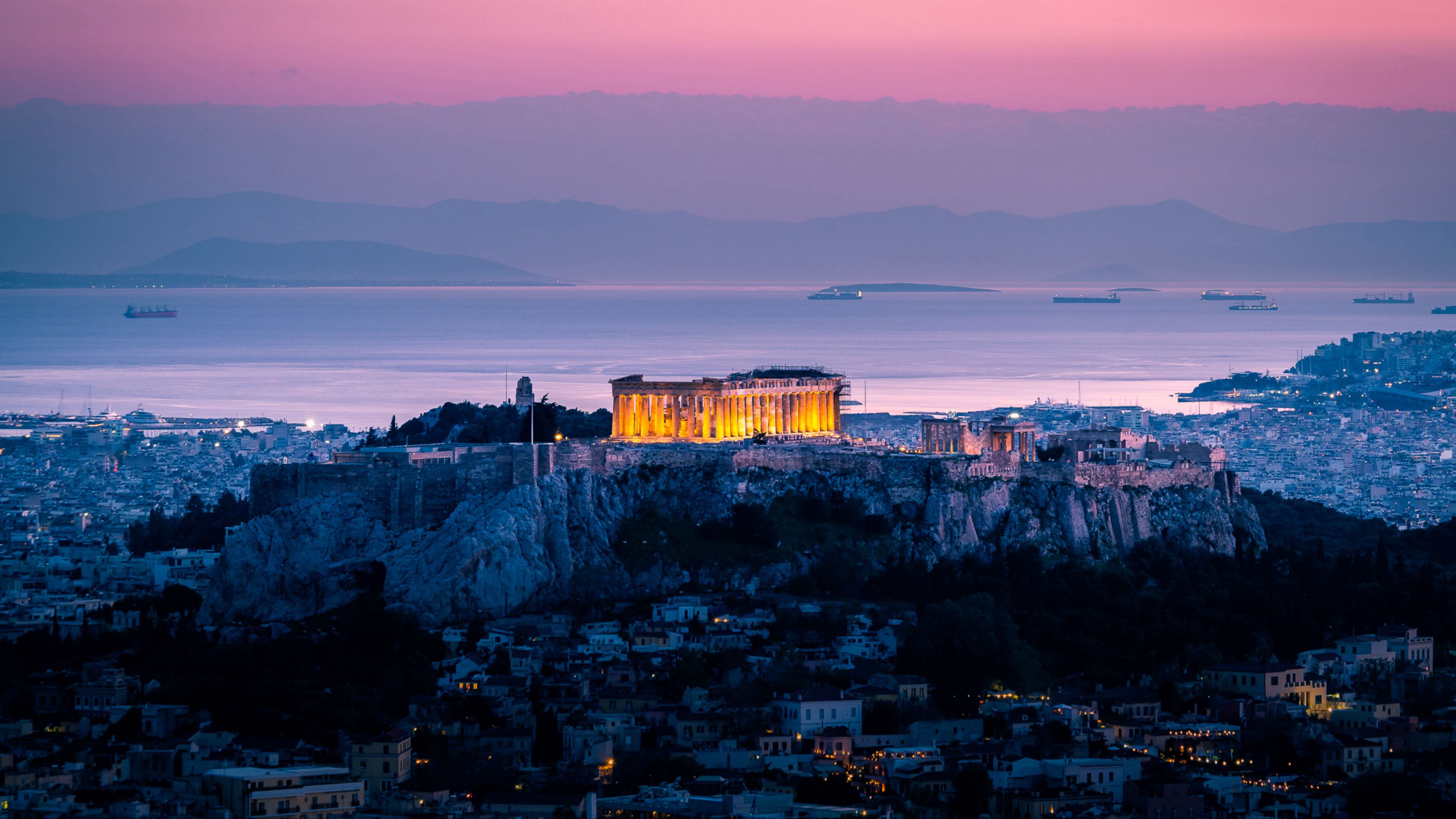 Wallpaper / architecture, sunset, sea, acropolis, athens, greece, 4k free download
