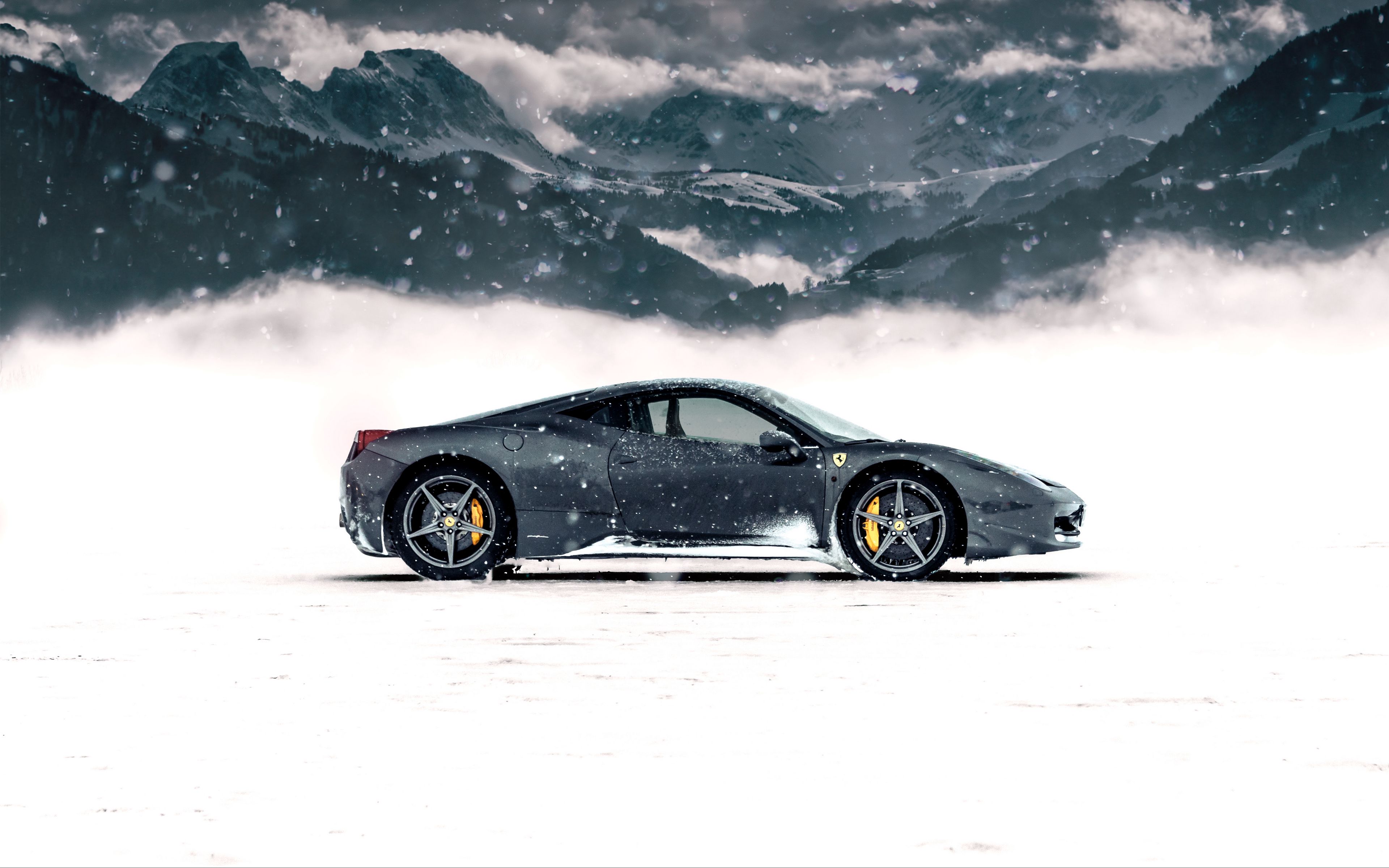 Download wallpaper 3840x2400 ferrari 458 italia, ferrari, sports car, gray, side view, snow, mountains, winter 4k ultra HD 16:10 HD background