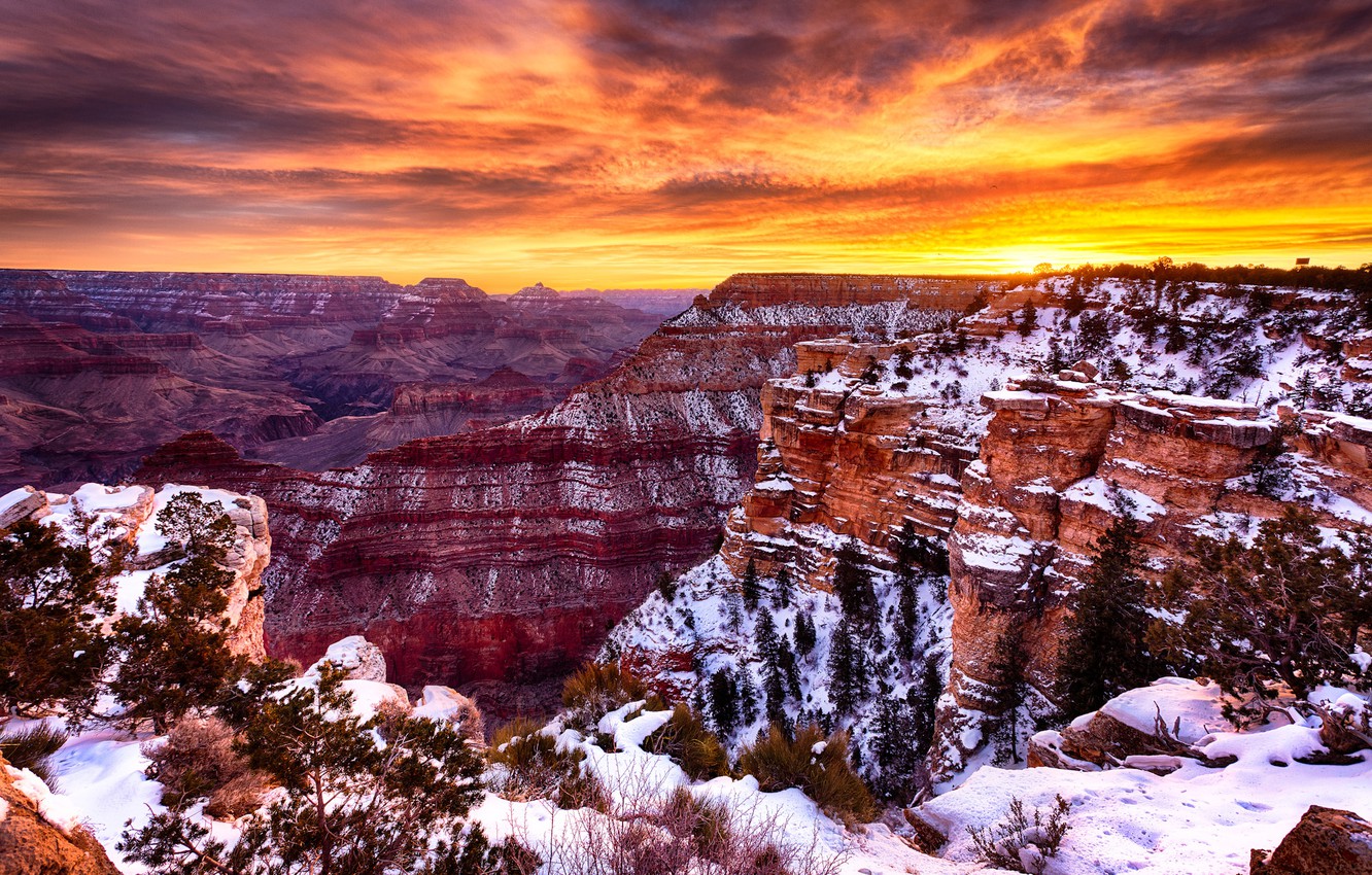 Wallpaper the sky, clouds, snow, sunset, canyon, USA, AZ, Grand Canyon image for desktop, section пейзажи