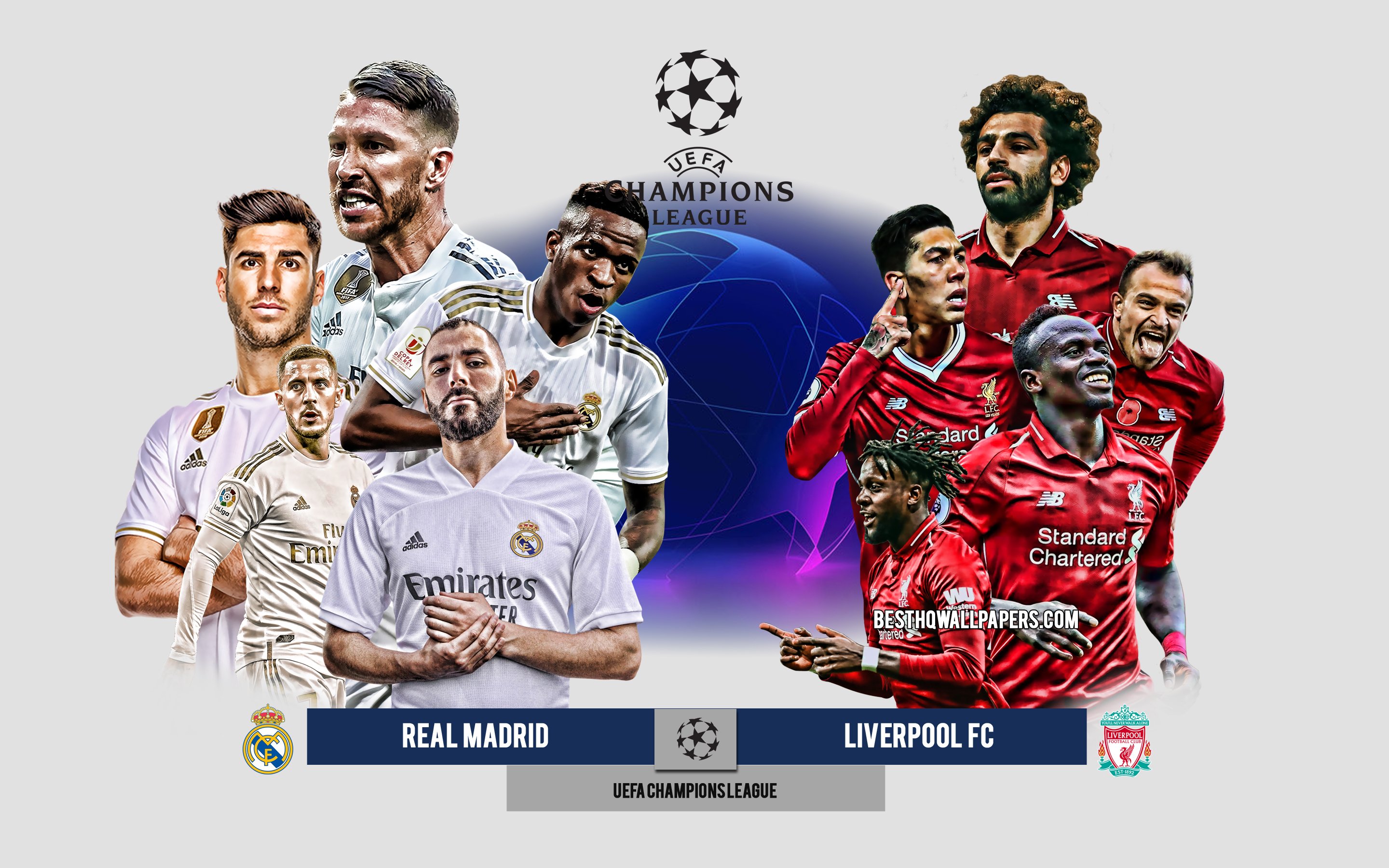Download wallpaper Real Madrid vs Liverpool FC, quarterfinals, UEFA Champions League, Preview, promotional materials, football players, Champions League, football match, Real Madrid, Liverpool FC for desktop with resolution 2880x1800. High Quality HD