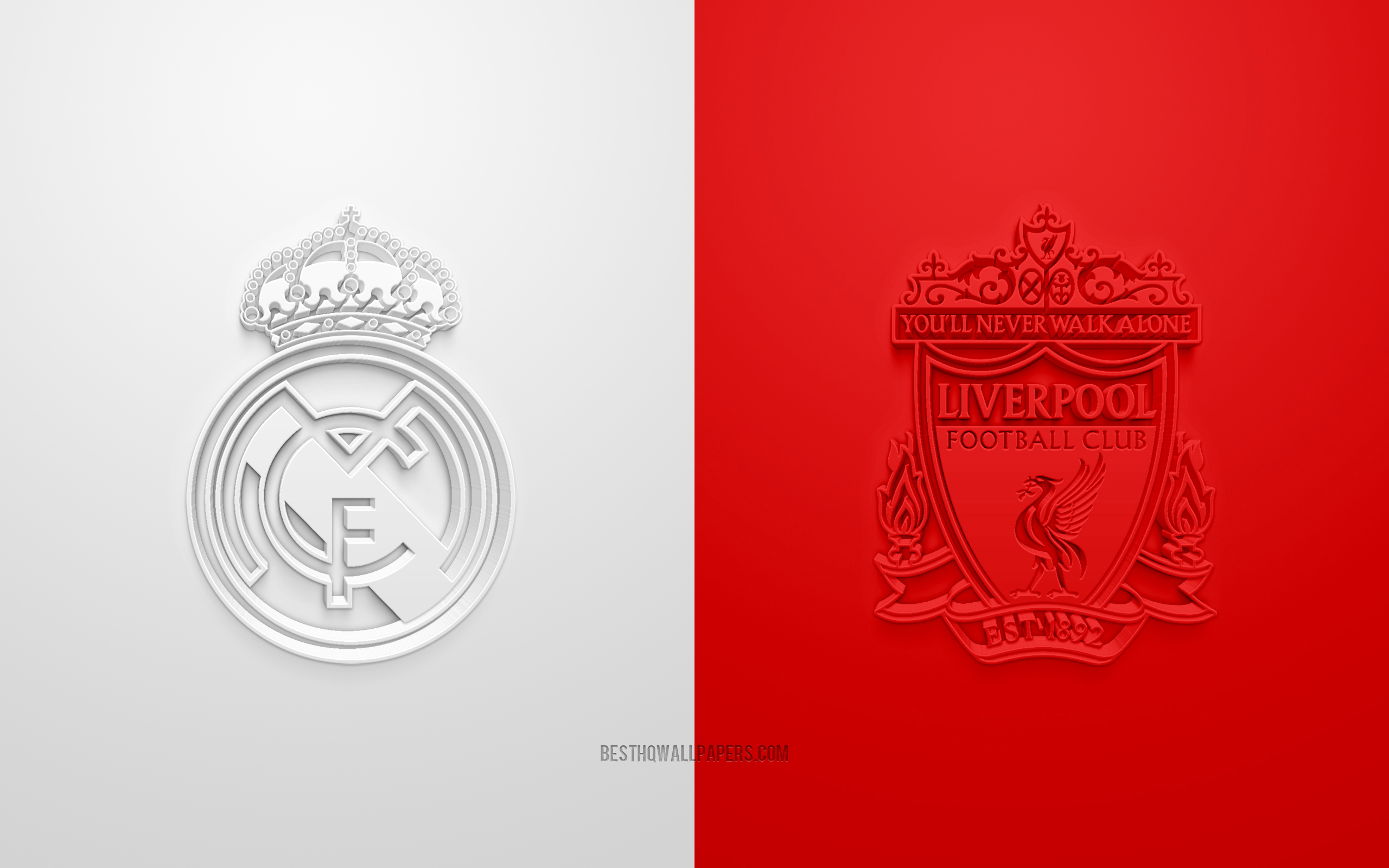 Download wallpaper Real Madrid vs Liverpool FC, UEFA Champions League, quarterfinals, 3D logos, red and white background, Champions League, football match, Liverpool FC, Real Madrid for desktop with resolution 2560x1600. High Quality