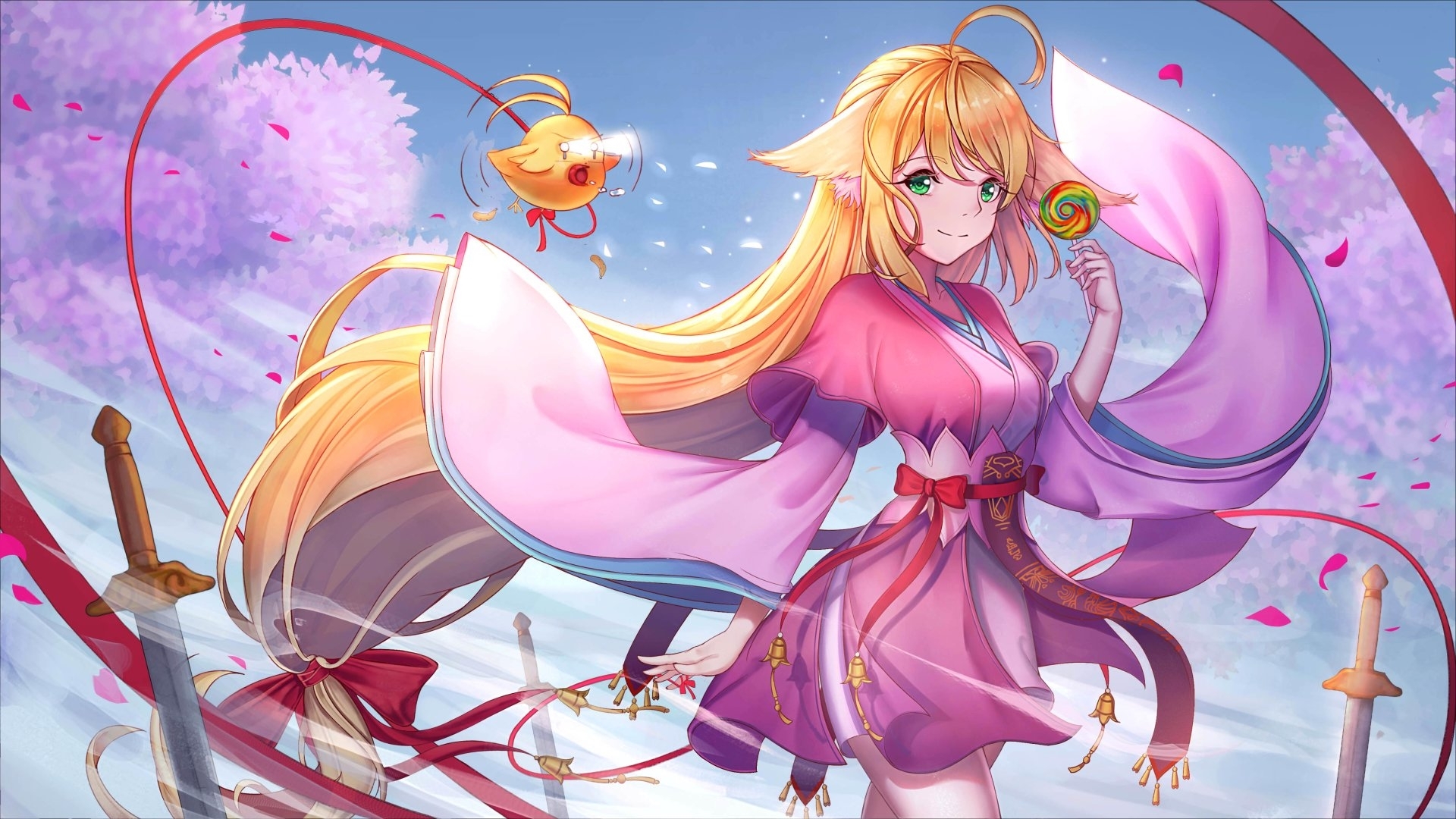 Wallpaper / kitsune, japanese, manga, kimono, susu, japan, girl, fox, katana, anime, long hair free download