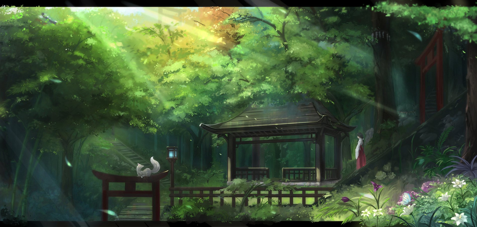 Wallpaper, 1900x907 px, animal, black, butterfly, clothes, flowers, forest, fox, hair, Japanese, kikivi, long, miko, original, ponytail, scenic, shrine, torii, tree 1900x907