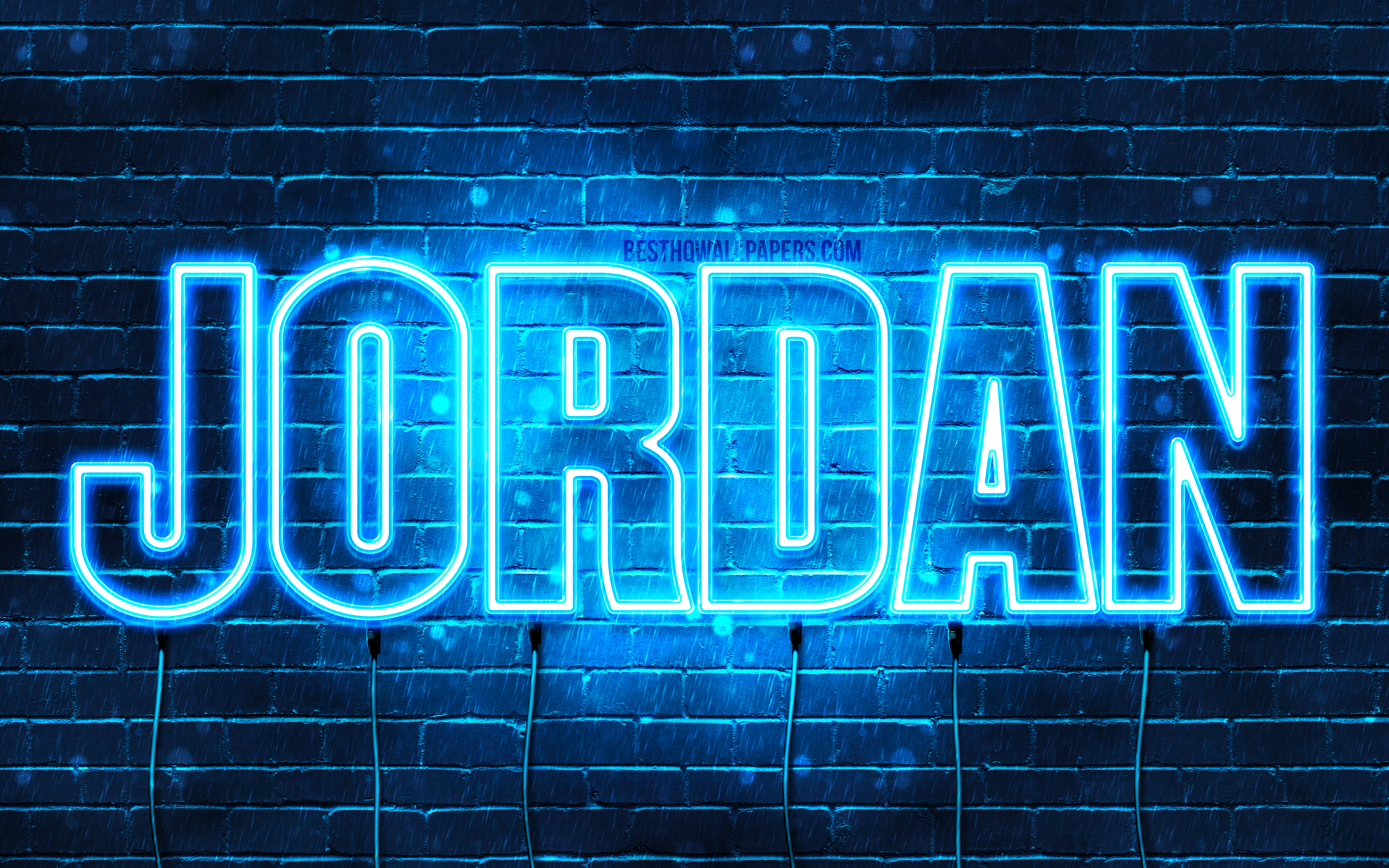 Download wallpaper Jordan, 4k, wallpaper with names, horizontal text, Jordan name, blue neon lights, picture with Jordan name for desktop with resolution 3840x2400. High Quality HD picture wallpaper
