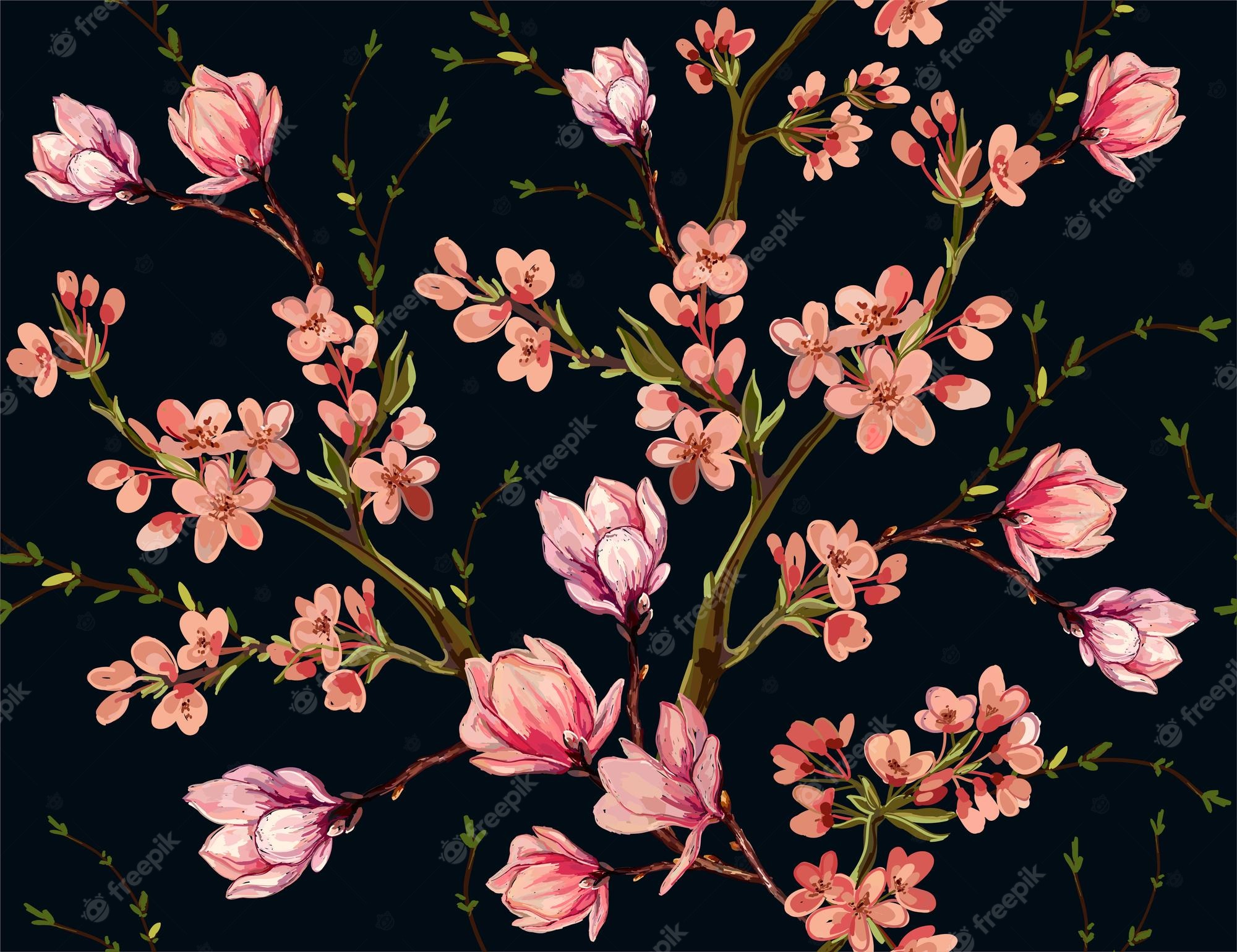 Premium Vector. Seamless floral pattern background with hand drawn tropical japanese flowers magnolia flowers spring