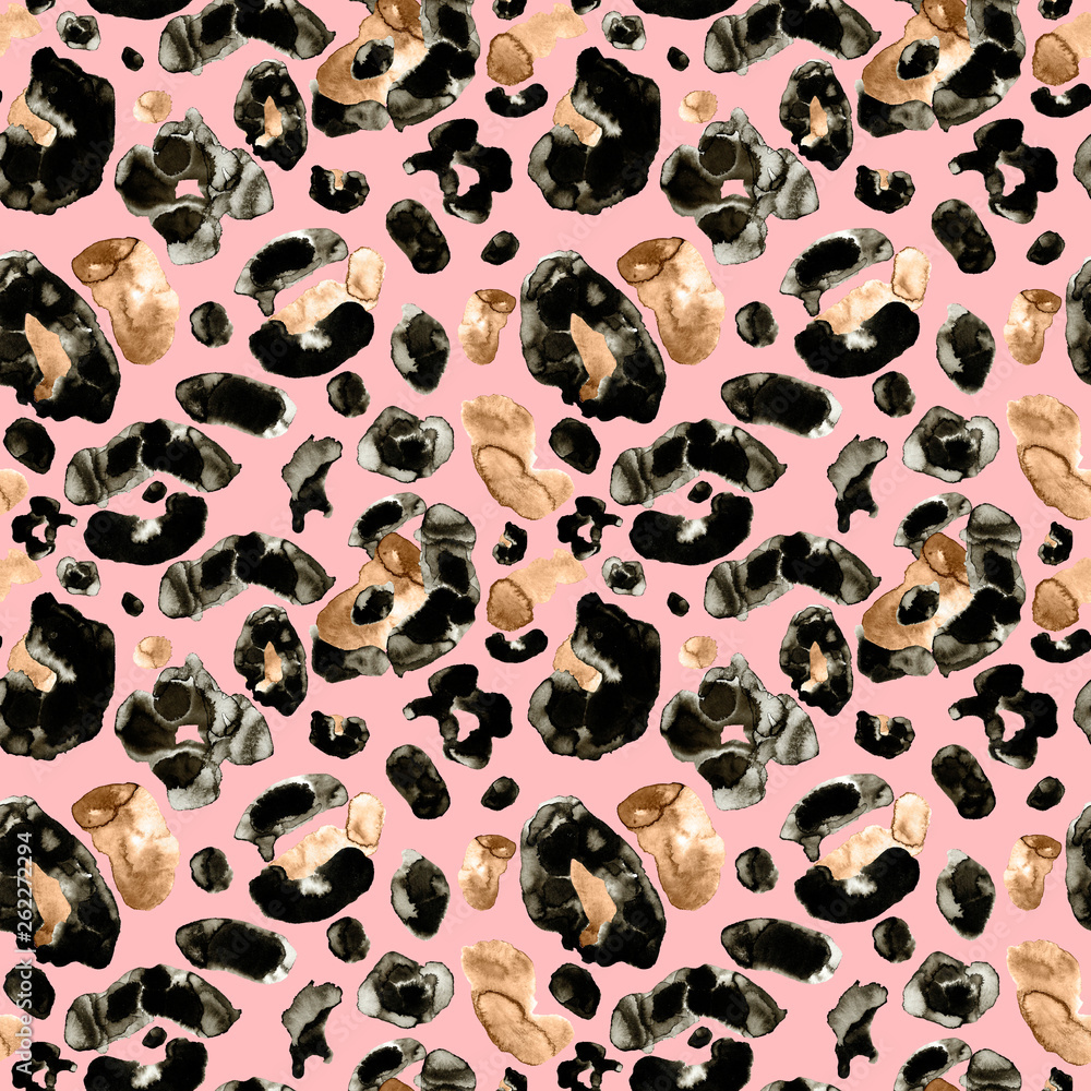 Leopard coat seamless pattern. Animal skin repeat print with brown and black spots on warm pink background. Exotic cheetah pattern for clothes, textile, wrapping, wallpaper Stock Illustration