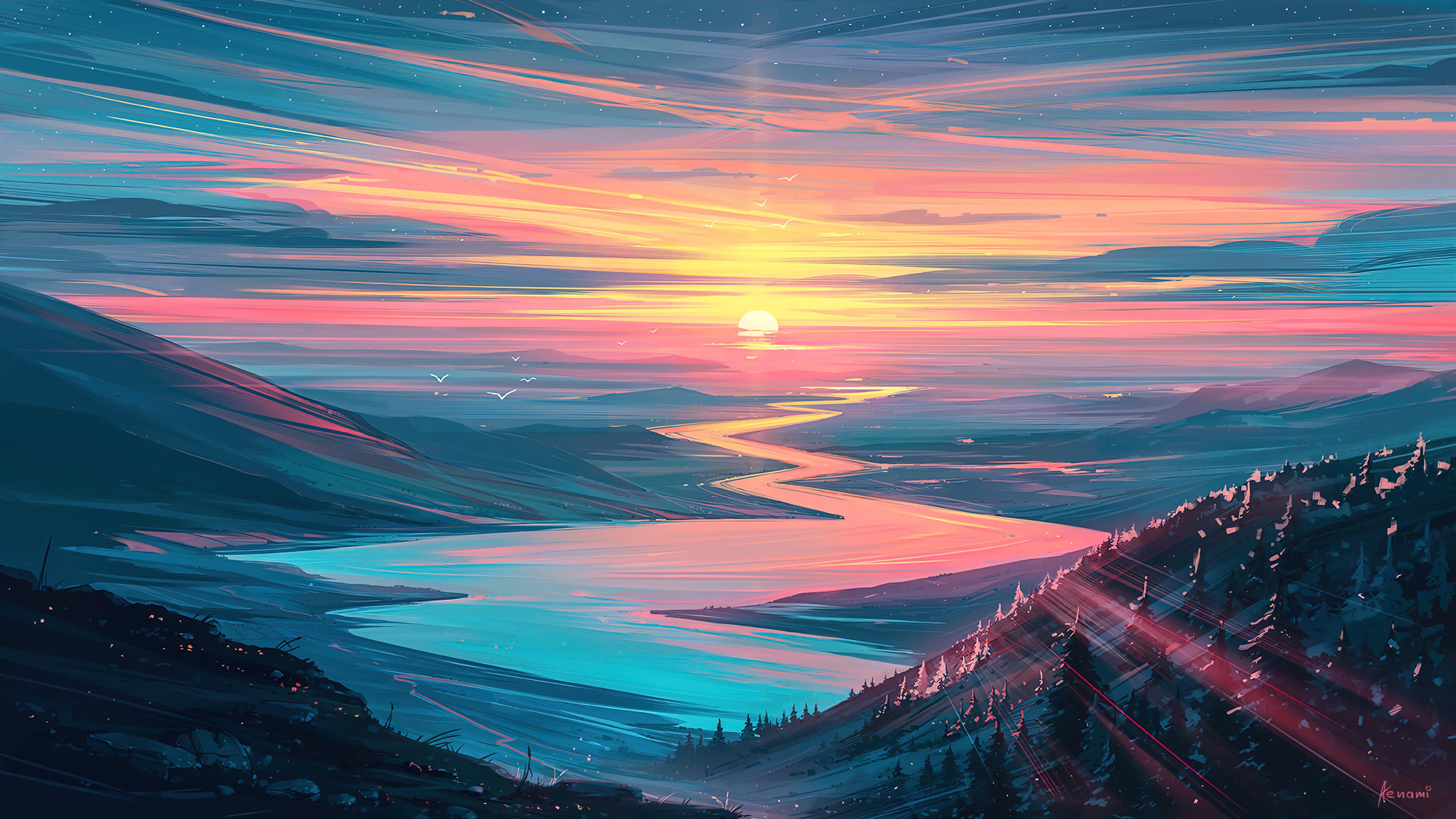 sunset, scenery, river, digital art, 4k, pc Gallery HD Wallpaper